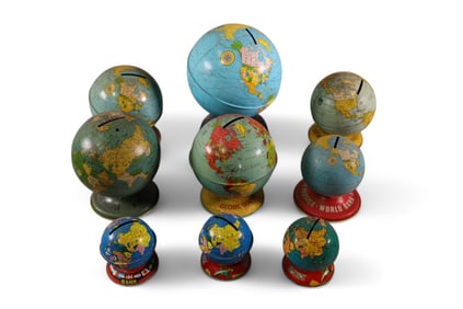 LOT OF 9 TIN LITHO GLOBE BANKS