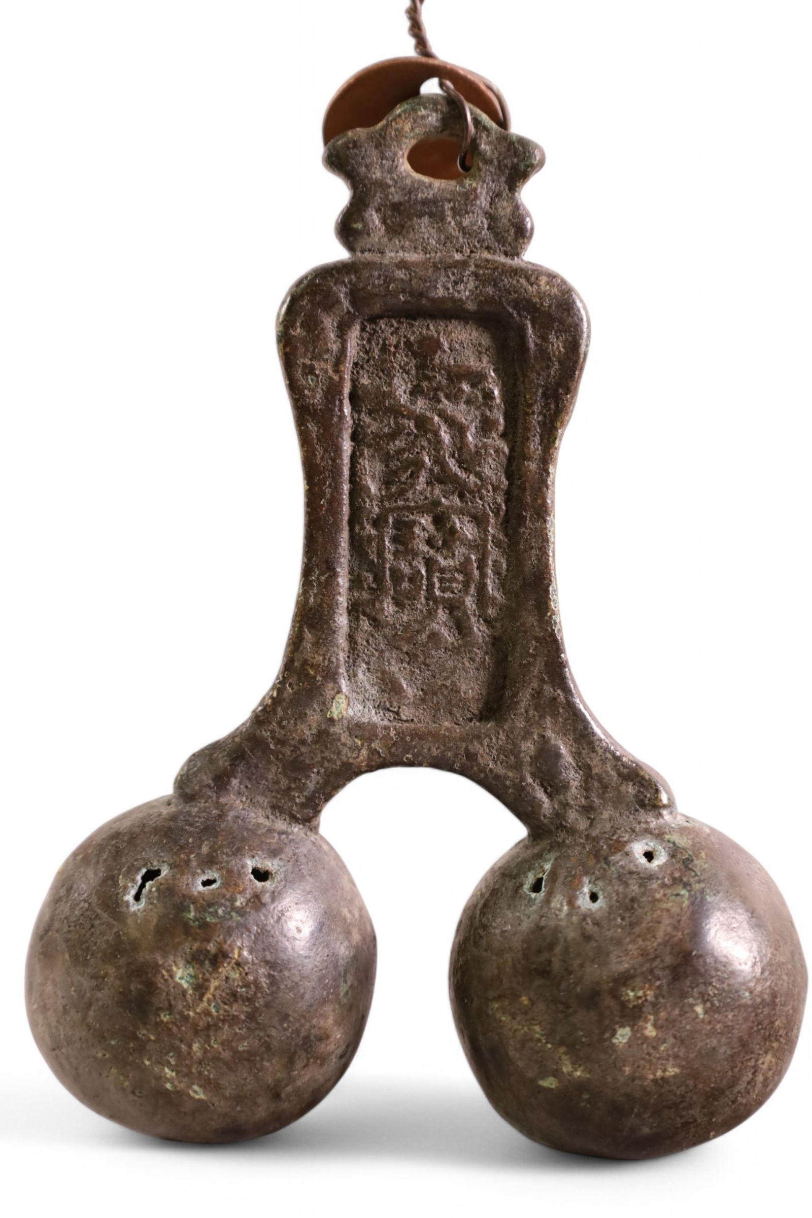 ANCIENT JAPANESE FROG MOUTHED BELLS: HAS AN INSCRIPTION IN ANCIENT JAPANESE CHARACTERS. DUG UP FROM AN OLD MONUMENT IN A TEMPLE CEMETARY IN KYOTO JAPAN. HAS METAL TAG 397 FROM MISSION INN RIVERSIDE CALIFORNIA. 5 1/4" TALL X 4 " WIDE