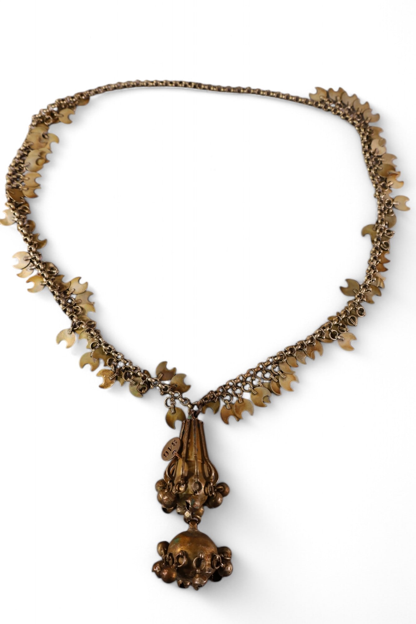 1600'S PERSIAN CHIMING NECKLACE: SILVER? FROM TABRIZ PERSIAN. FORMER PROPERTY OF A HADJI. HAS MEGTAL TAG 346 FROM MISSION INN RIVERSIDE CALIFORNIA. LENGTH IS 30"