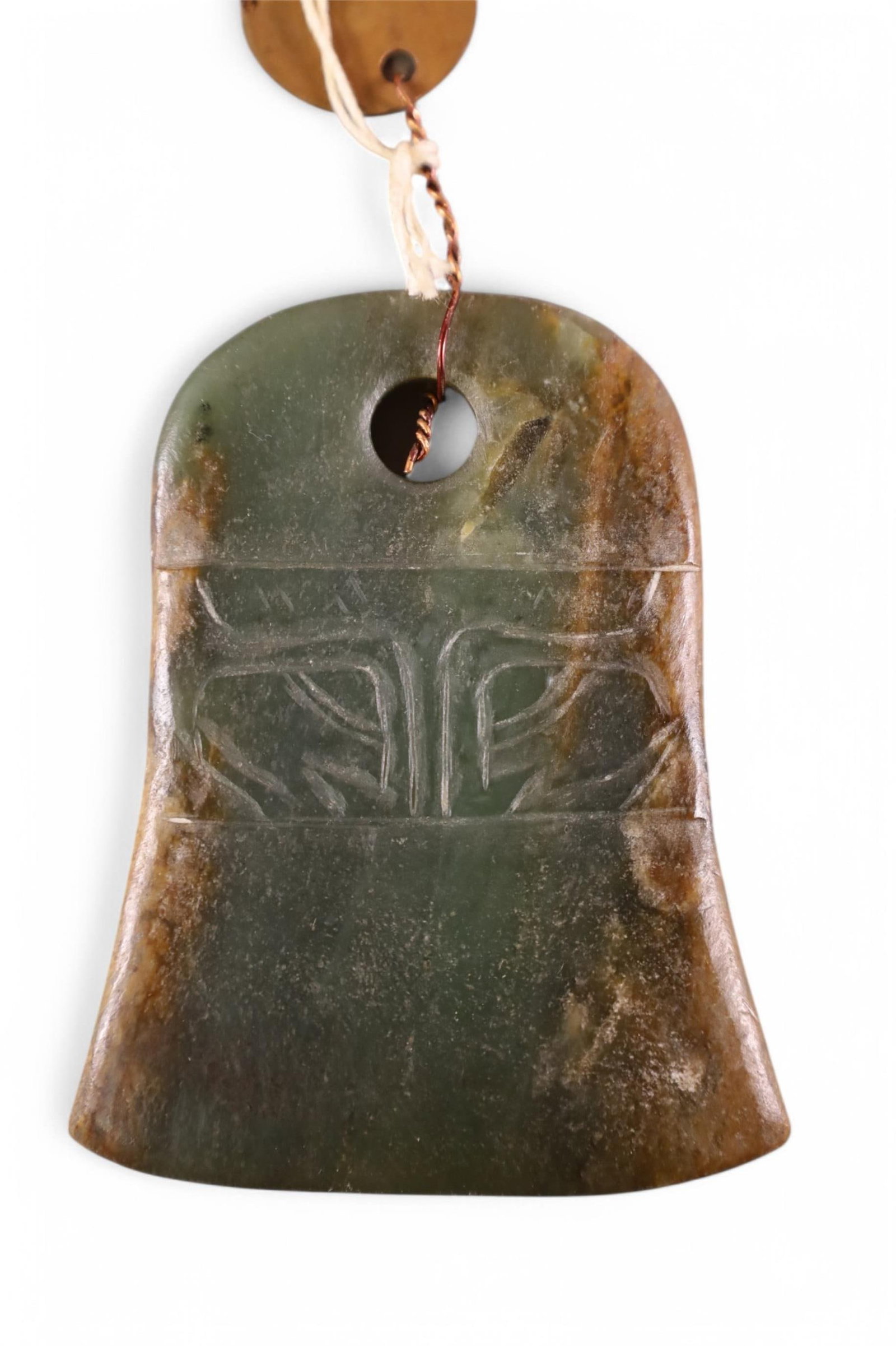 CHINESE HAN DYNASTY JADE BELL PENDANT: 206 B.C. - 220 AD. HAS METAL TAG 627 FROM MISSION INN RIVERSIDE CALIFORNIA. 3" LONG.
