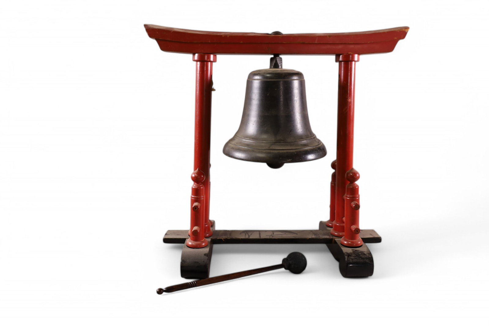 CHINESE SHIP'S BELL IN HANGER: CHINESE SHIP'S BELL HANGING IN WOOD TORII, HAS PAPER TAG 739 FROM MISSION INN RIVERSIDE CALIFORNIA. 6 1/2" H x 6 1/2" DIAM.