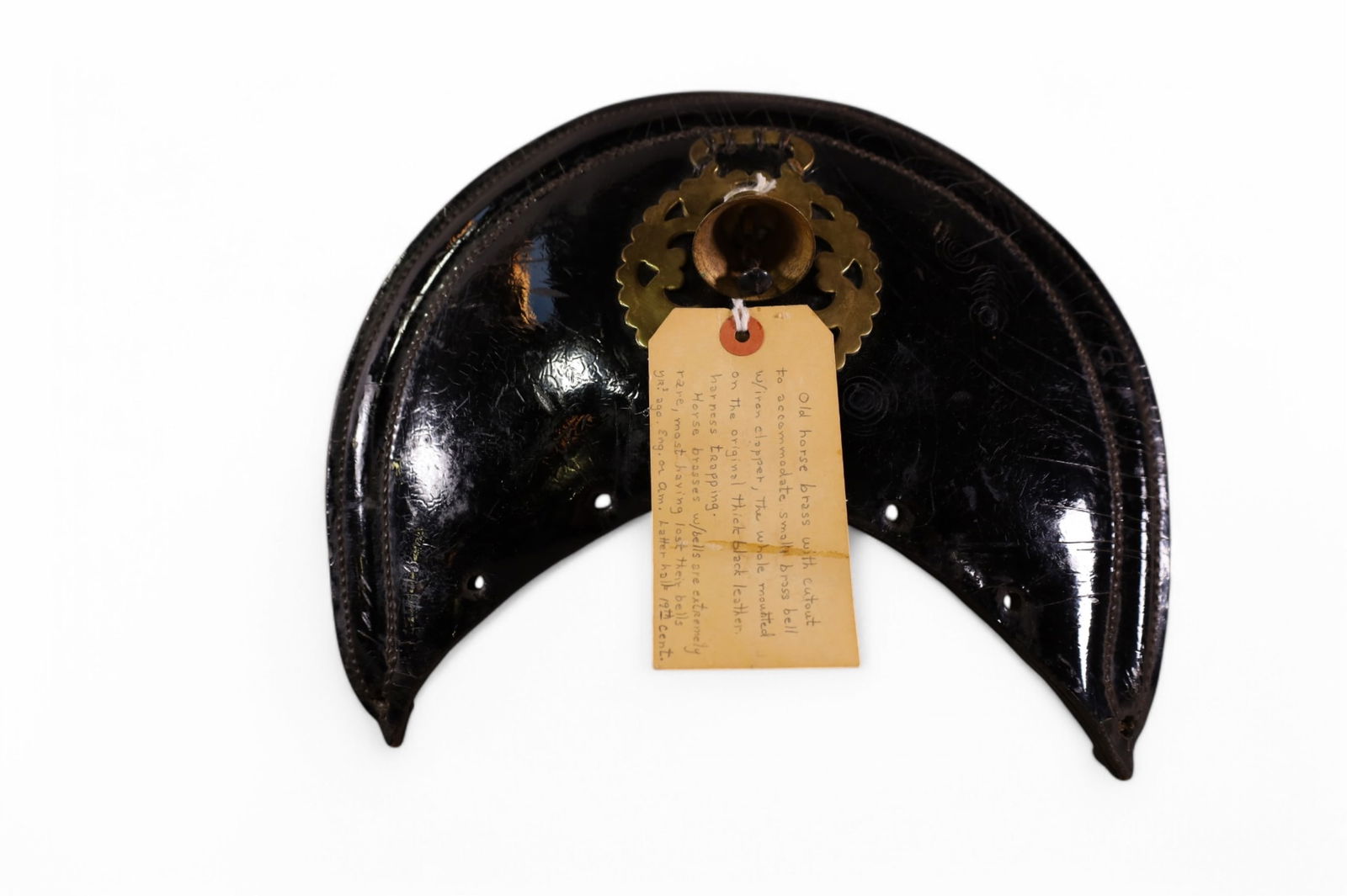 19TH CENTURY HORSE BRASS BELL: 19th C HORSE BRASS, WITH CUT OUT, BRASS BELL WITH CLAPPER. 11" x 8"