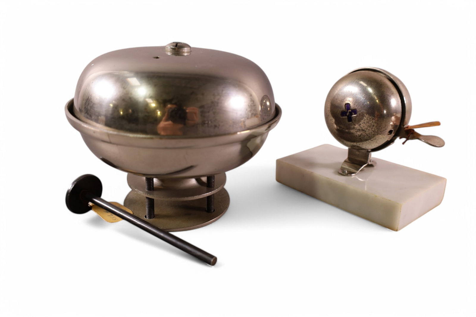 2 BELLS: HORSE CAB BELL WITH FOOT TAPPER & BICYCLE BELL 5 1/2 DIAM & 2 1/2" DIAM