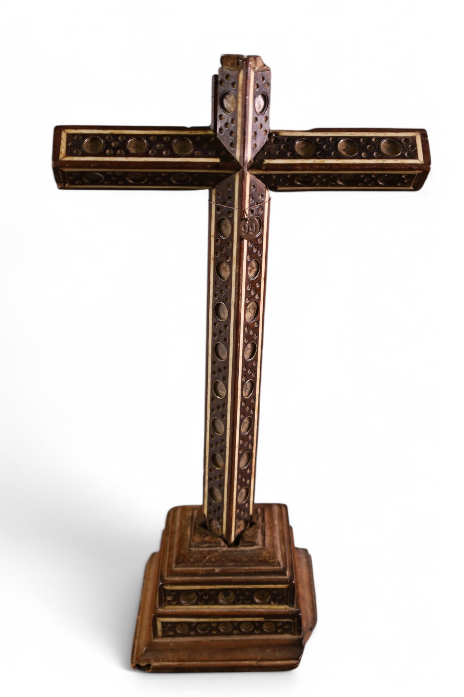 17TH CENTURY WOODEN CALVARY CRUCIFIX: WOODEN RELIQUARY CALVARY CROSS INLAID WITH BONE. 17tH C SPANISH CRUCIFIX. MARKED 99 FROM MISSION INN RIVERSIDE CA. 14 1/2" H