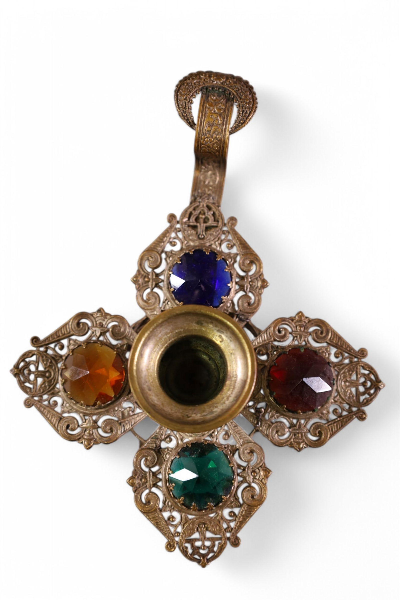 JEWELED TURKISH CANDLESTICK: JEWELED FINGER HOLD CANDELSTICK, TURKISH. 7" W.