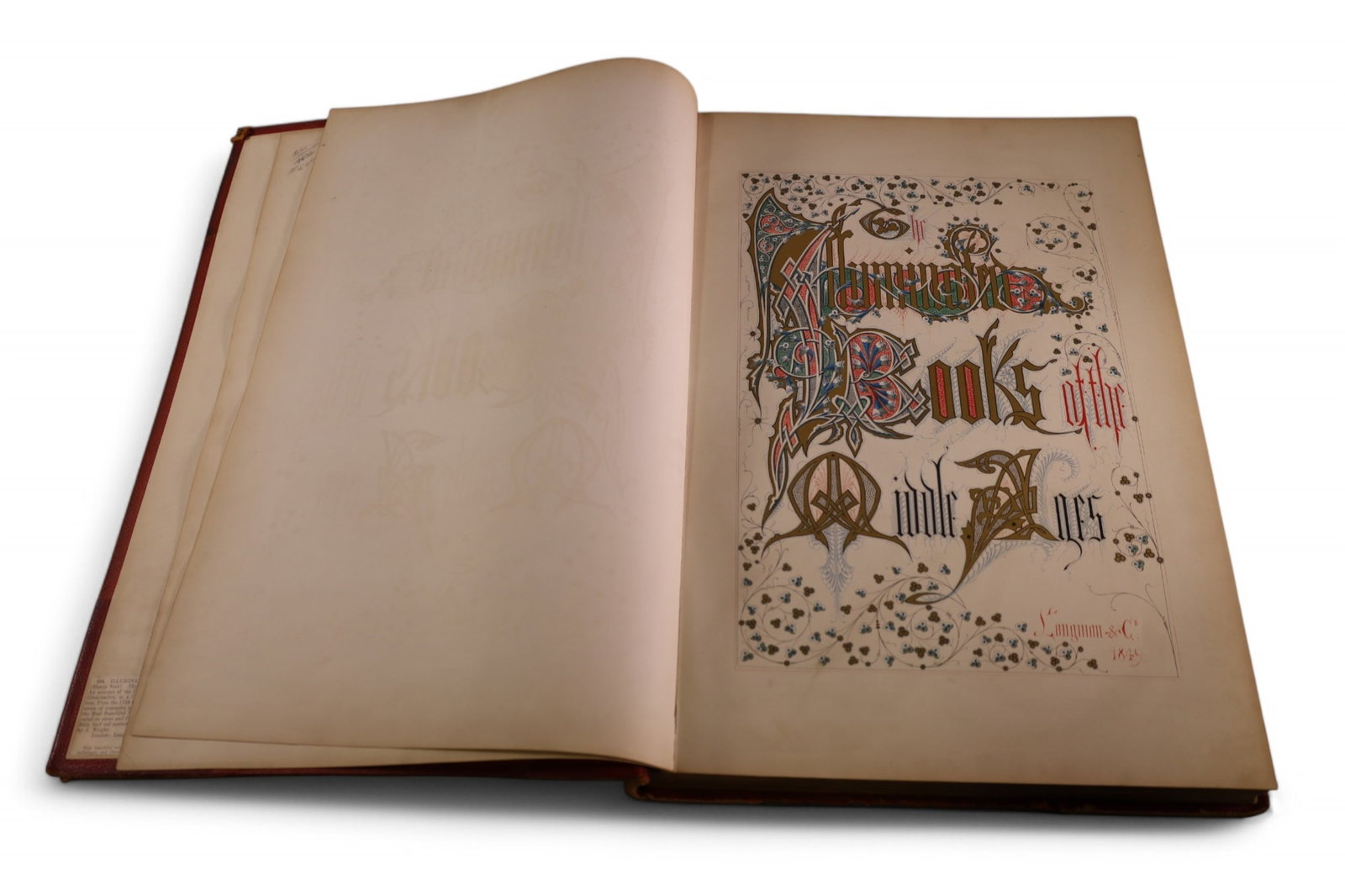 ILLUMINATIONS IN COLOR 1849 BOOK: LARGE ILLUMINATIONS IN COLOR 1849 BOOK, ILLUMINATED BOOKS OF THE MIDDLE AGES, BY HENRY HUMPHREYS & OWEN JONES. WATER DAMAGE TO FRONT COVER.