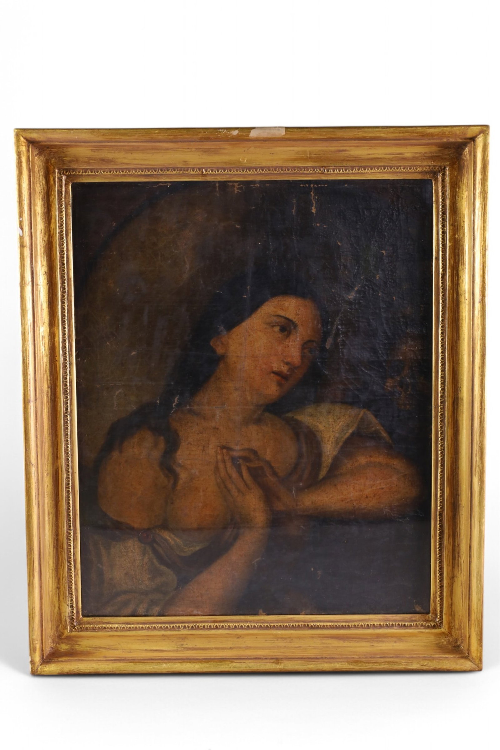 MARY MAGDALEN PORTRAIT OIL PAINTING: OIL ON CANVAS, FRAMED UNDER GLASS, 17th C PORTRAIT OF THE HEAD OF MARY MAGDALEN, RESTORED. IN GILT FRAME. 19" x 23" IMAGE SIZE / 23 1/2" x 26 1/2" IN FRAME