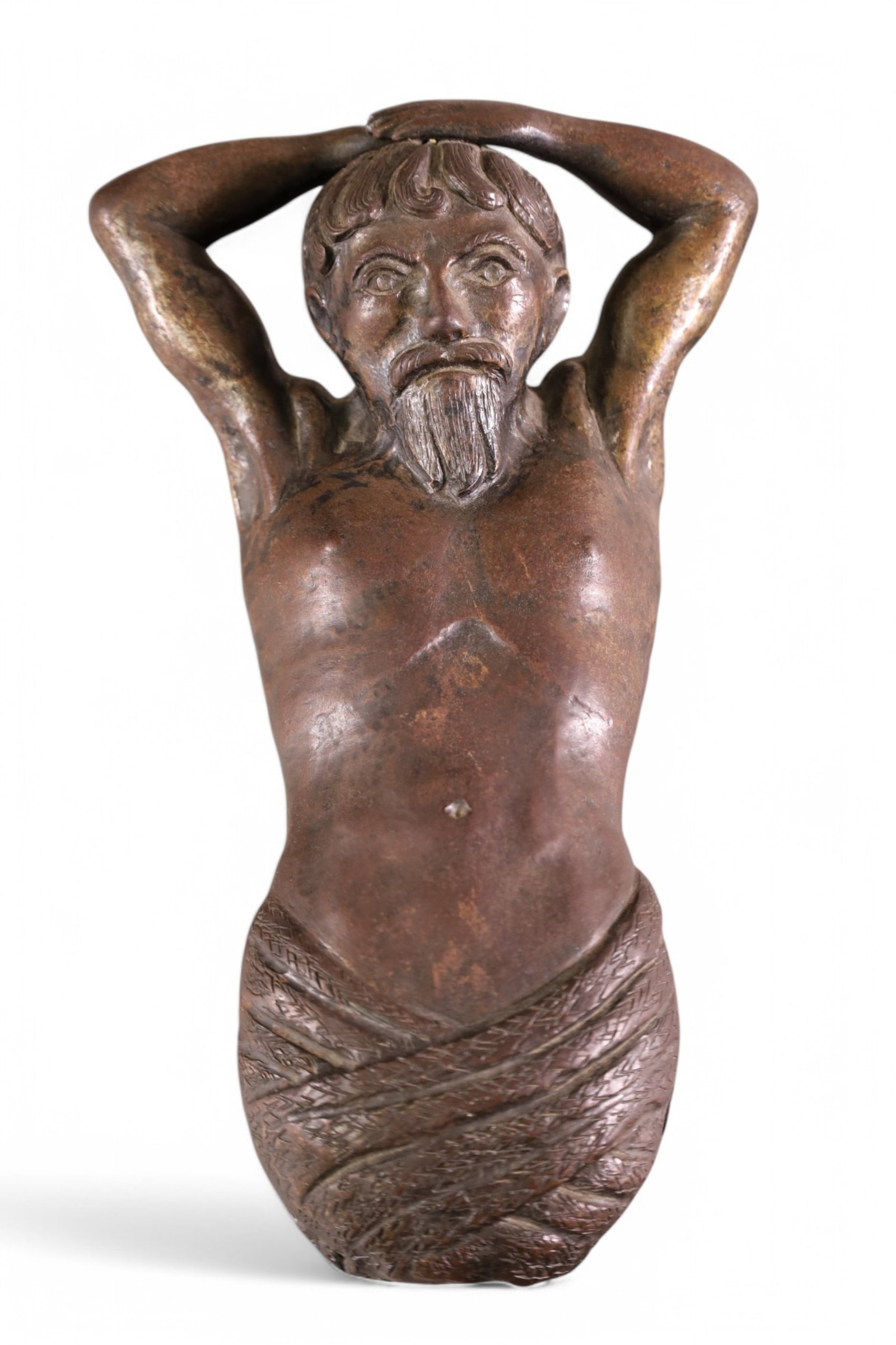 BRONZE FIGURE: BRONZE RECLINING WALL MOUNT FIGURE, ARCHITECTUAL ELEMENT. 12" H.