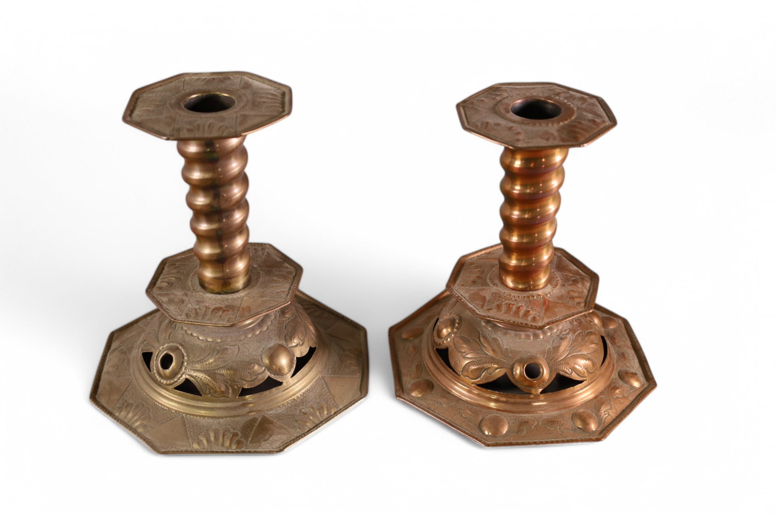 PAIR OF ANTIQUE ALTAR STICKS: PAIR OF DECORATIVE METAL ALTAR STICKS, MARKED WITH 26, FROM MISSION INN RIVERSIDE CA. 9" H.