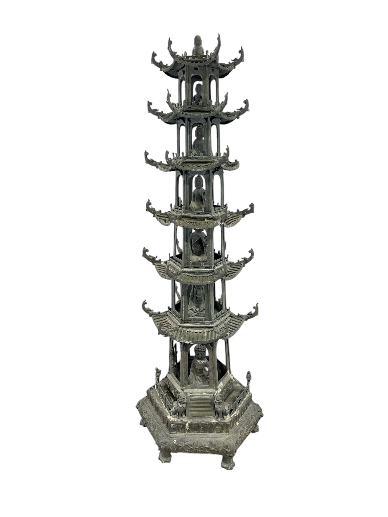 MONUMENTAL METAL PAGODA: LARGE METAL PAGODA SCULPTURE, 3 APRT PAGOTA, MISSING PIECES AND DAMAGE TO BASE. CRACKS. 74" H. THIS ITEM EXCEEDS SIZE LIMITATIONS FOR IN HOUSE SHIPPING, MUST BE PICKED UP IN HOUSE OR SHIPPED VIA A 3rD