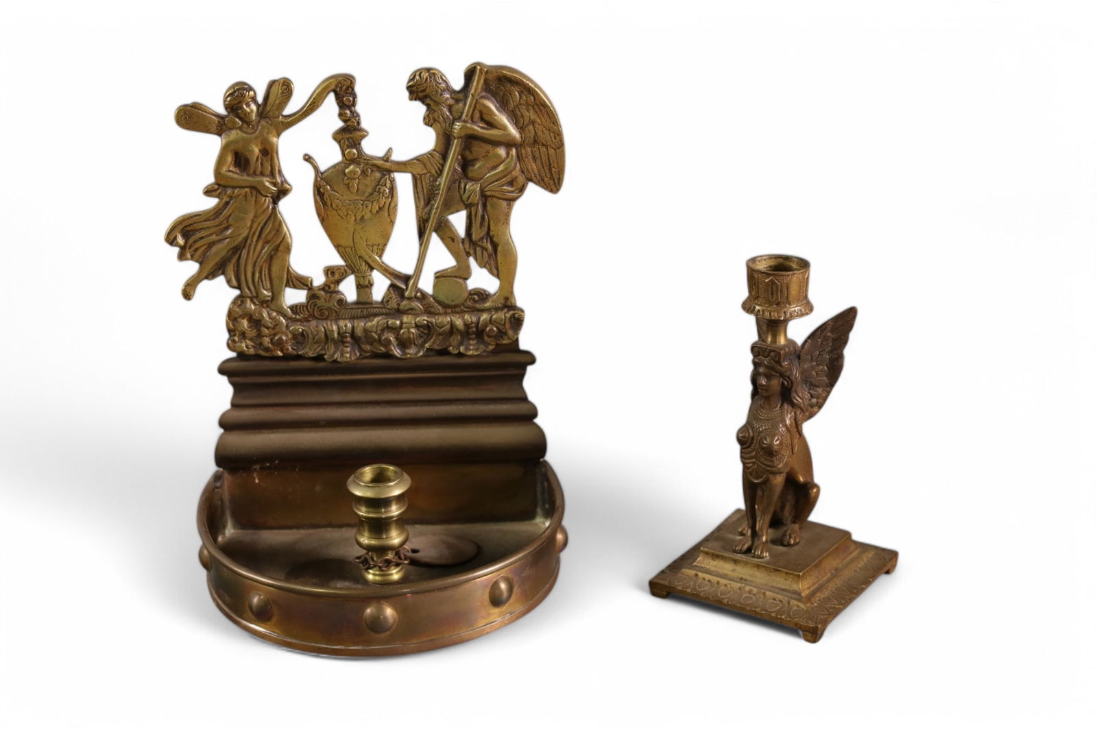 2 CANDLESTICKS: WINGED MAIDEN & GOTHIC CANDLESTICKS. 6" - 9" H