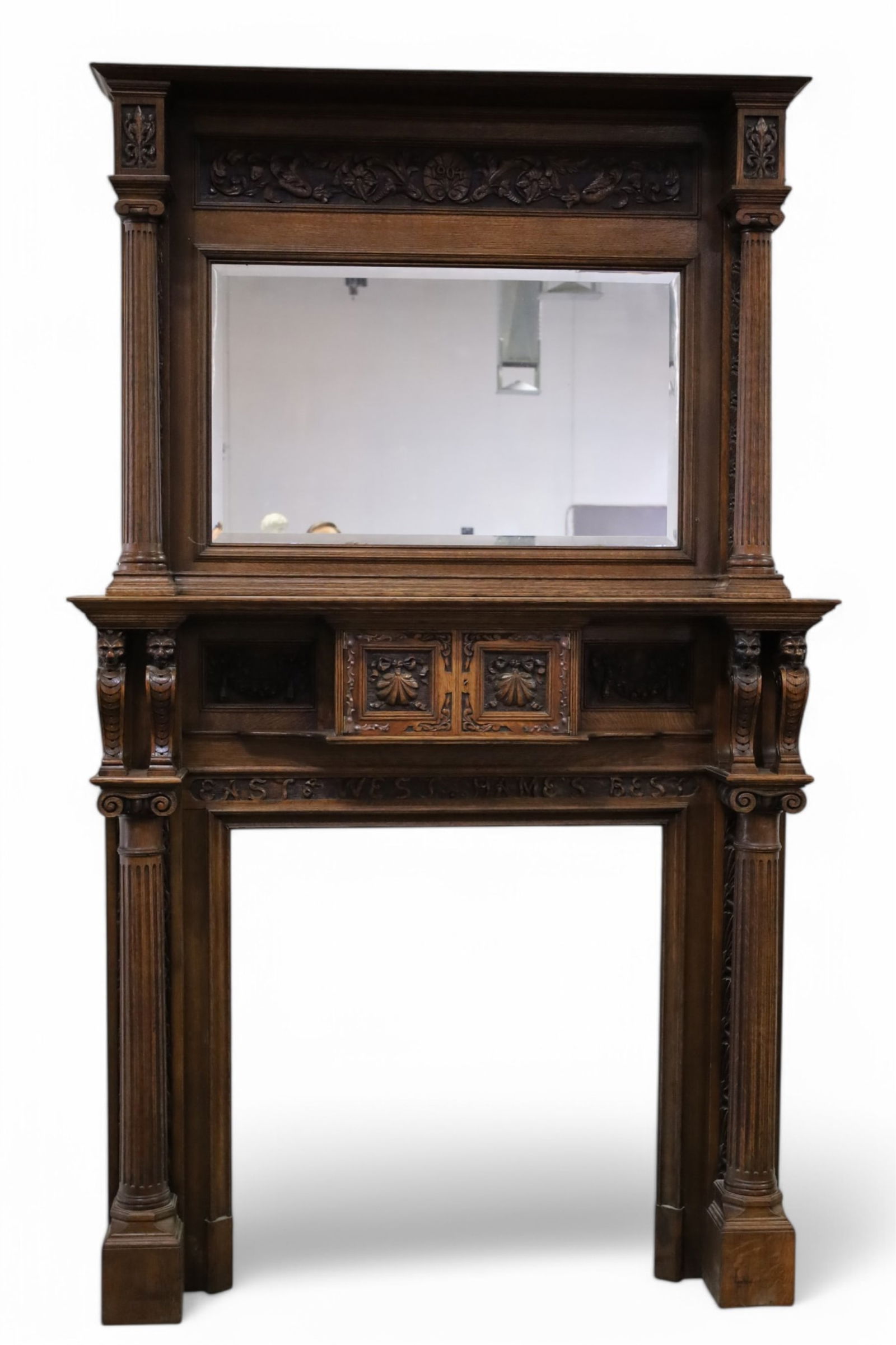 ANTIQUE CARVED OAK FIREPLACE MANTLE (1 of 7)