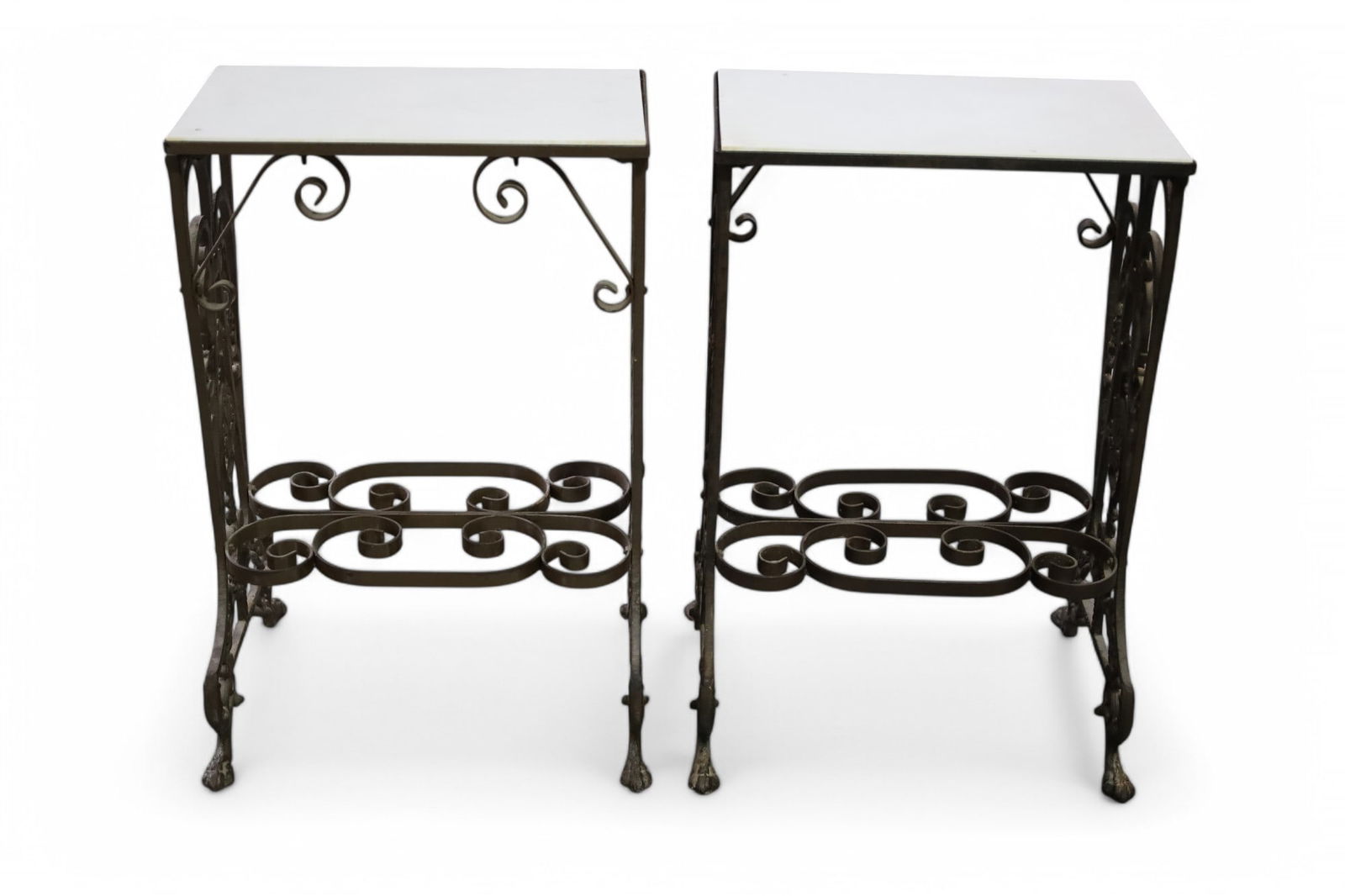 NEAR PAIR OF IRON SIDE TABLES (1 of 3)