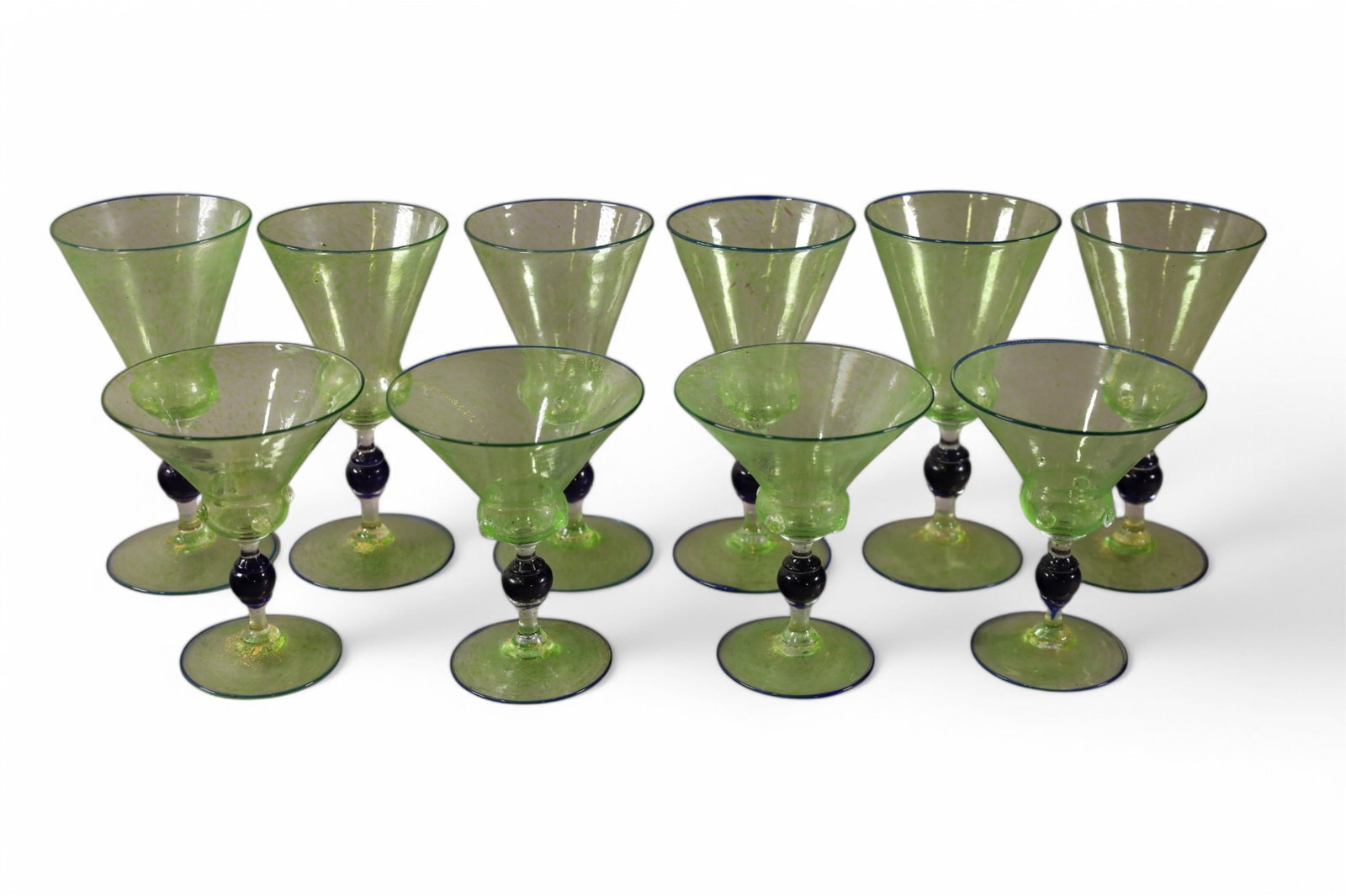 10 VENETIAN STEMS: 10 VENETIAN STEMS, SET OF 6 7" WINE GLASSES & SET OF 4 5" STEMS.