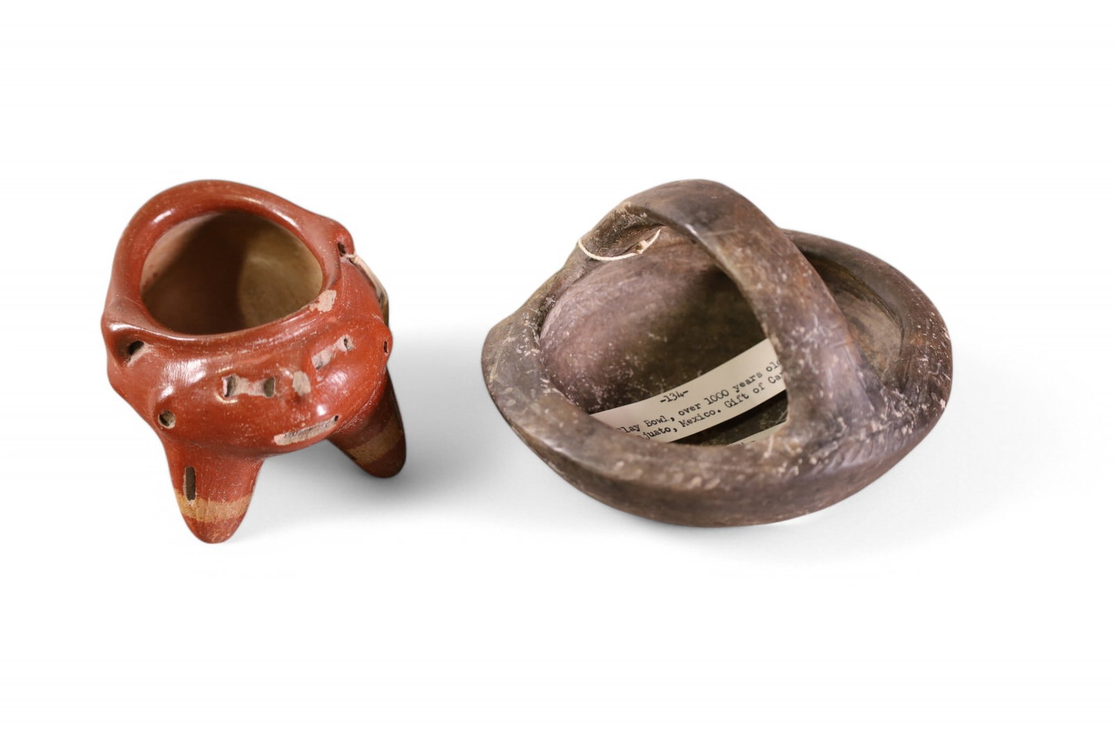 2 PIECES OF MAYA TOLTEC POTTERY: TOLTEC ALTAR VESSEL, & TOLTEC HANDLED BOWL. 5" W.