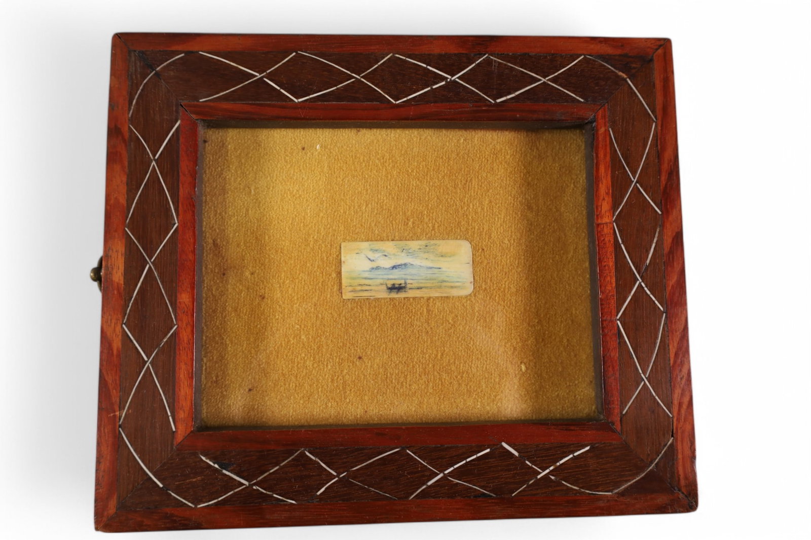 MINIATURE PAINTING ON BONE: MINIATURE PAINTING ON BONE IN INLAID FRAME. 2" x 1" IMAGE SIZE / 7" x 8" IN FRAME.