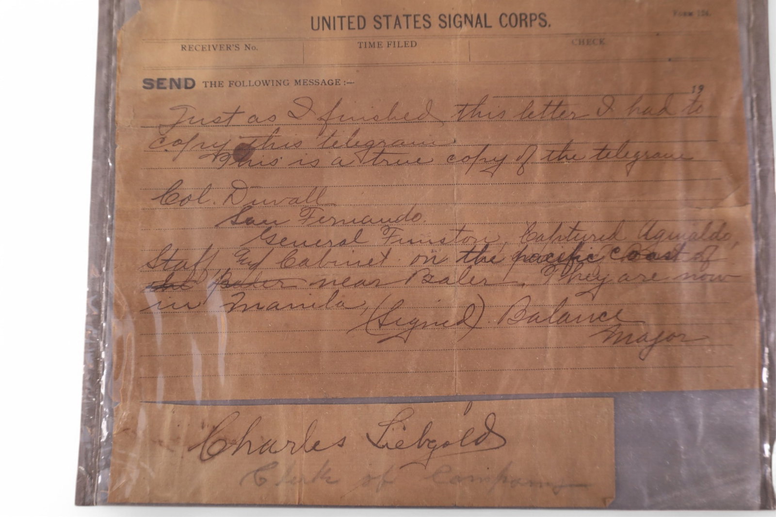 1898 TELEGRAM ANNOUNCING CAPTURE OF AGUINALDO: CAPTURE OF AGUINALDO, IN MANILA. LEADED OF THE PHILIPPINE INSURRECTION, LEAD BY GENERAL FUNSTON.