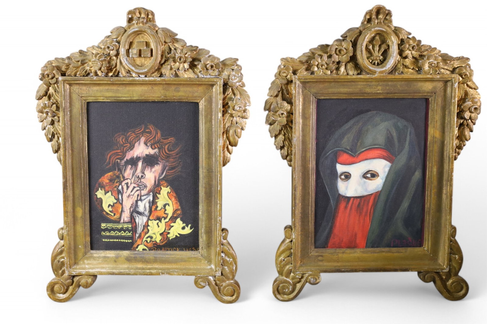 PAIR OF RELIGIOUS PAINTINGS: IN GESSO FRAMES, SOME PAINT LOSS. FRAMES ARE OLD, PAINTINGS ARE NOT. 13" x 8"