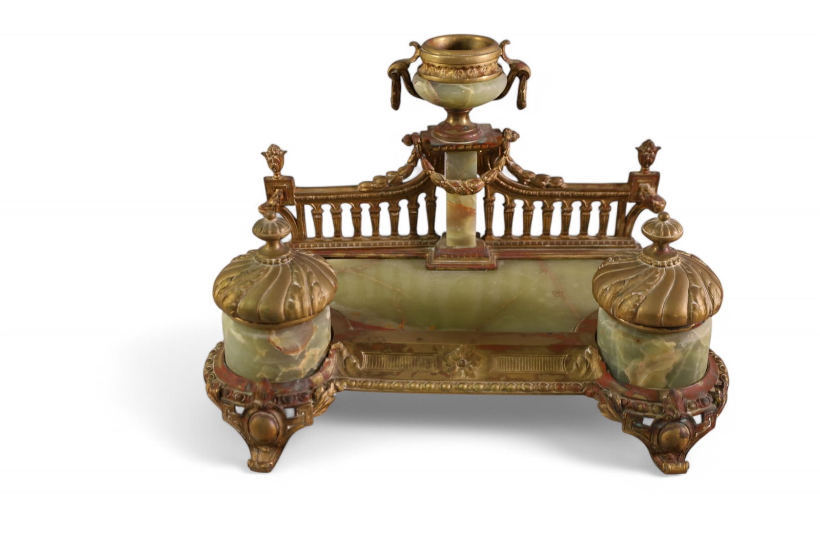 FRENCH ONYX INKWELL: FOOTED DOUBLE INKWELL WITH ONYX INSERT, 12 1/2'" W x 8" H.