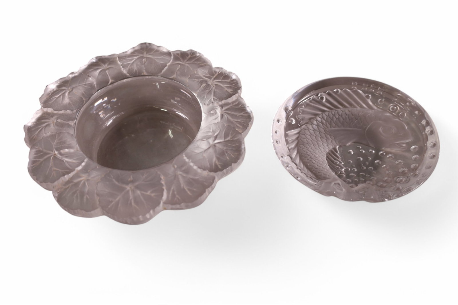 2 PIECES OF LALIQUE: HONFLEUR BOWL, 8 1/2" DIAM. & CONCARNEAU TRAY 6" DIAM, MARKED LALIQUE FRANCE.