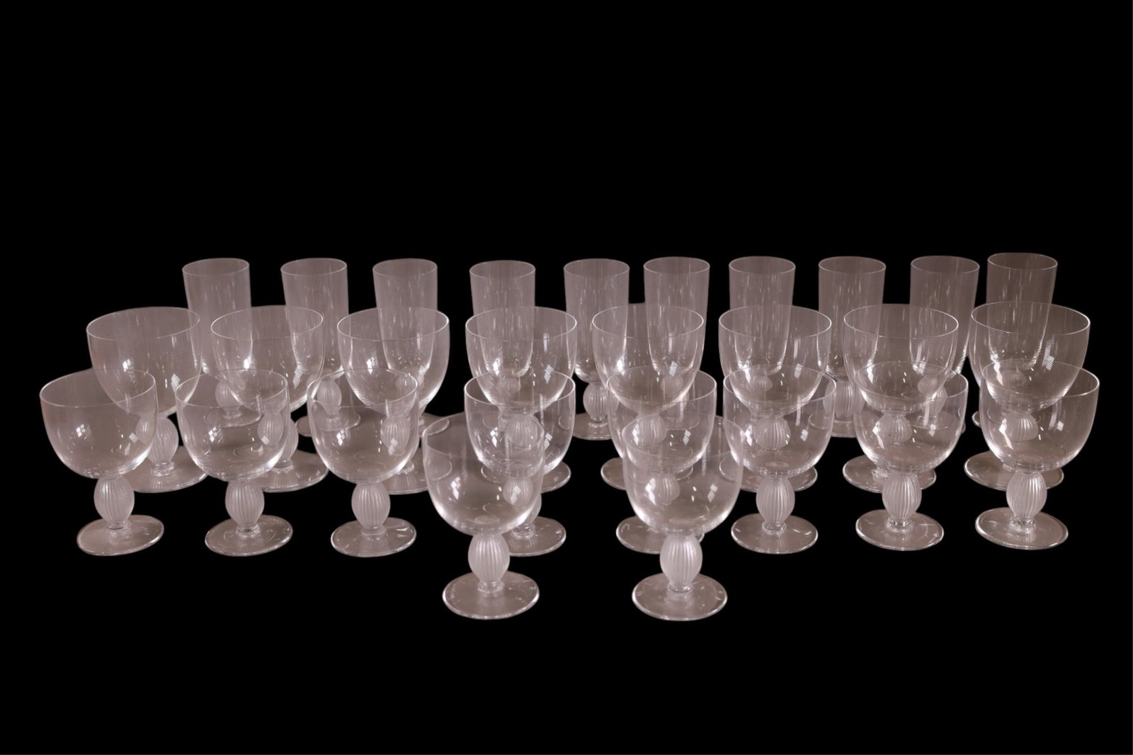 COLLECTION OF LALIQUE GLASSWARE: 28 PIECES OF LALIQUE FRANCE GLASSWARE, 10 5 1/4" WINE GLASSES, & 8 5 3/4" WATER GLASSES, & 10 6 1/2" CHAMPAGNE FLUTES