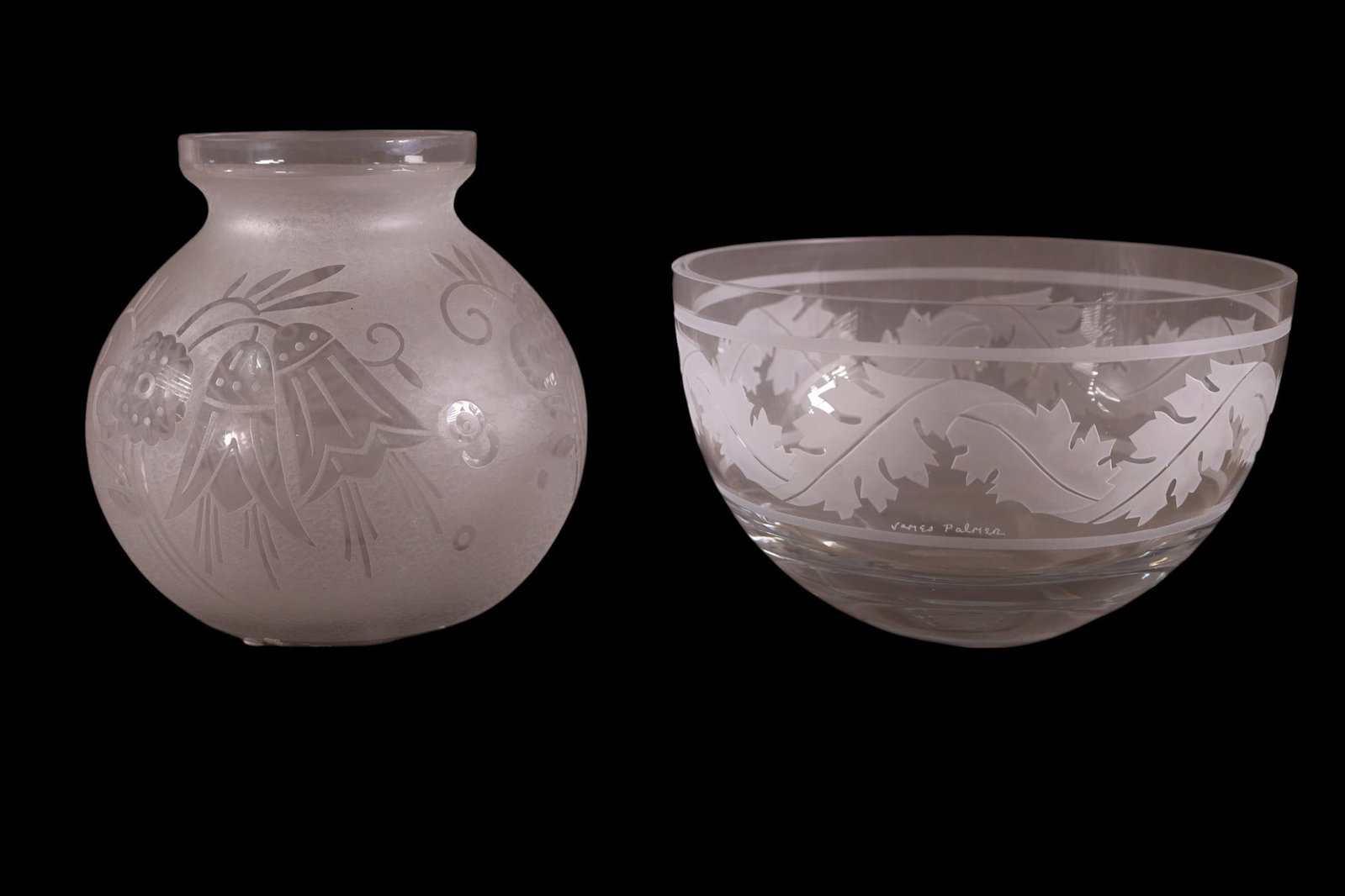 2 PIECES OF CRYSTAL: MARKED LORRAIN FRANCE ON BASE, ETCHED PATTERN, & JAMES PALMER BOWL, ETCHED PATTERN. 10" DIAM x 6" H & 8" H.