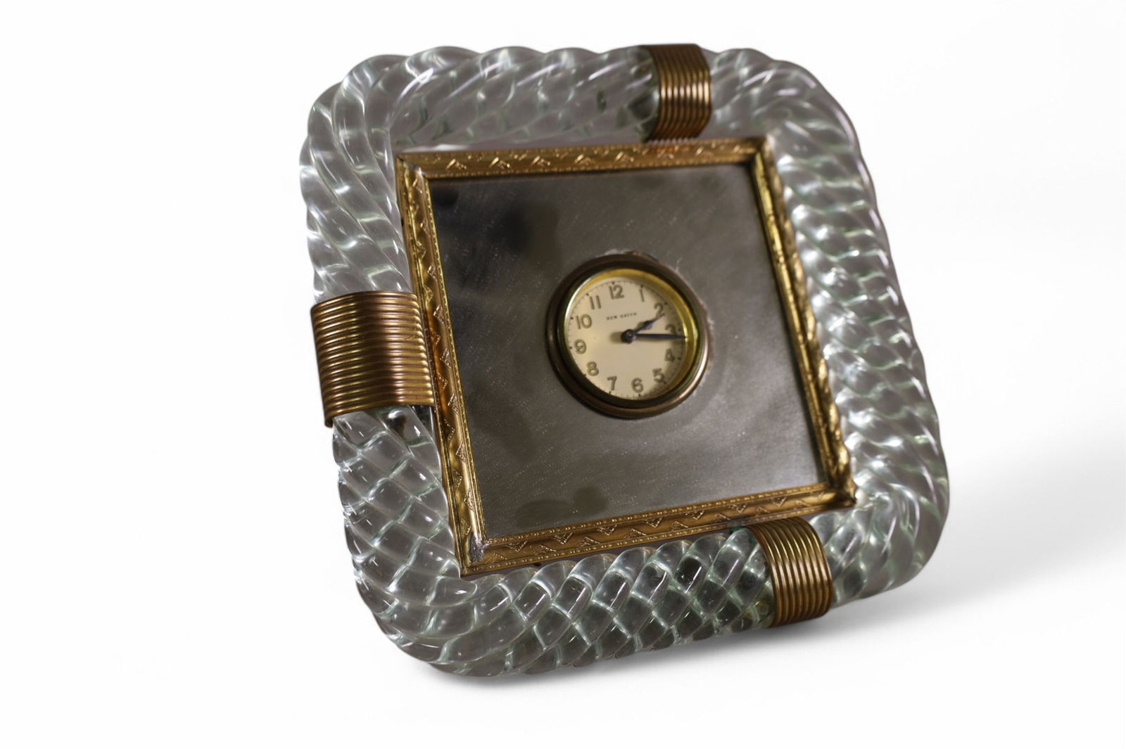 NEW HAVEN CRYSTAL CLOCK: CRYSTAL DESK CLOCK WITH ROPE PATTERN. MIRRORED BACK. 9" x 9" ALL CLOCKS ARE SOLD AS IS WE DO NOT GUARANTEE WORKING ORDER.