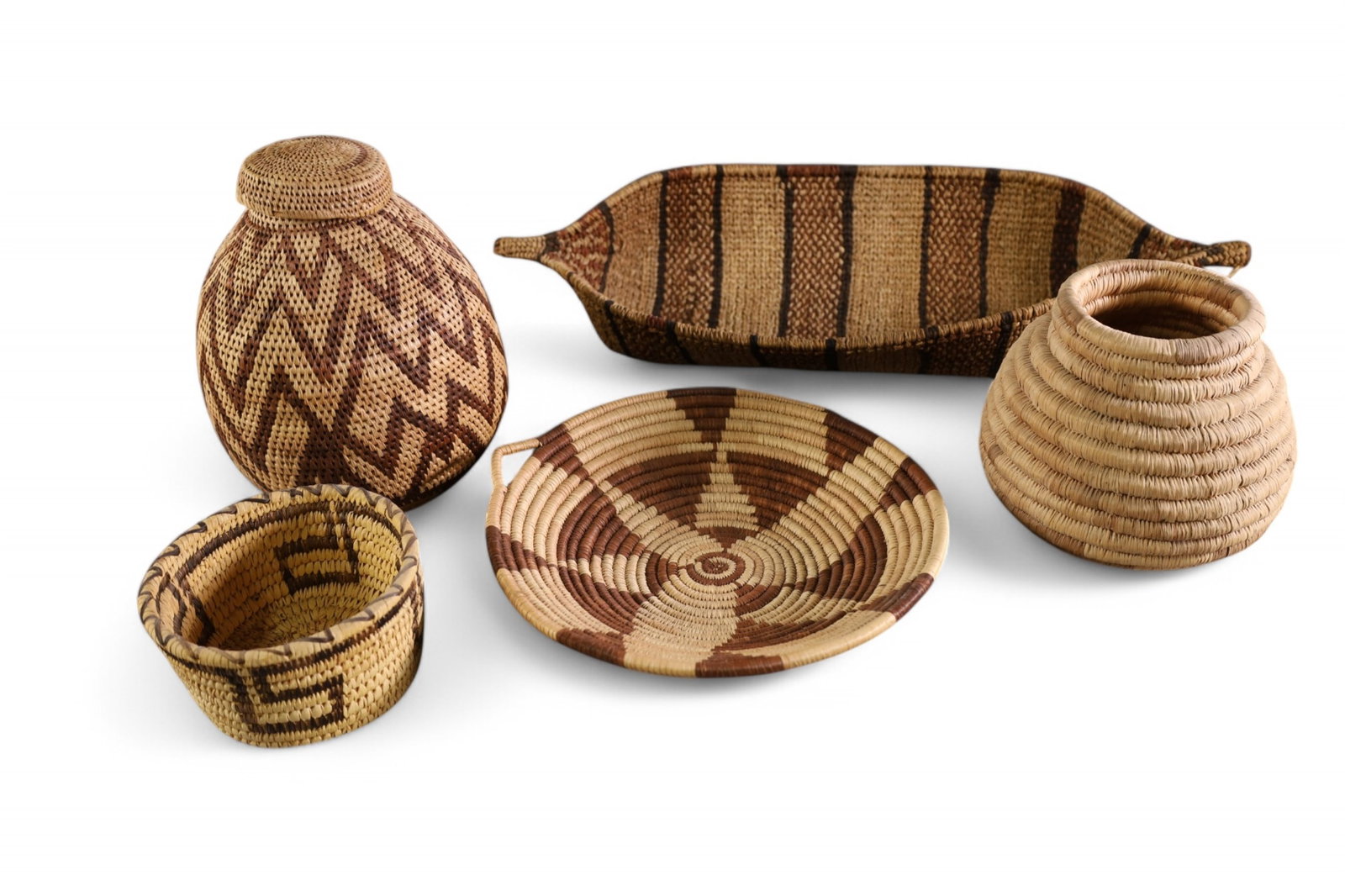 5 NATIVE BASKETS: PAPAGO, & OTHER HANDMADE ITEMS. 21" L x 7 9" H