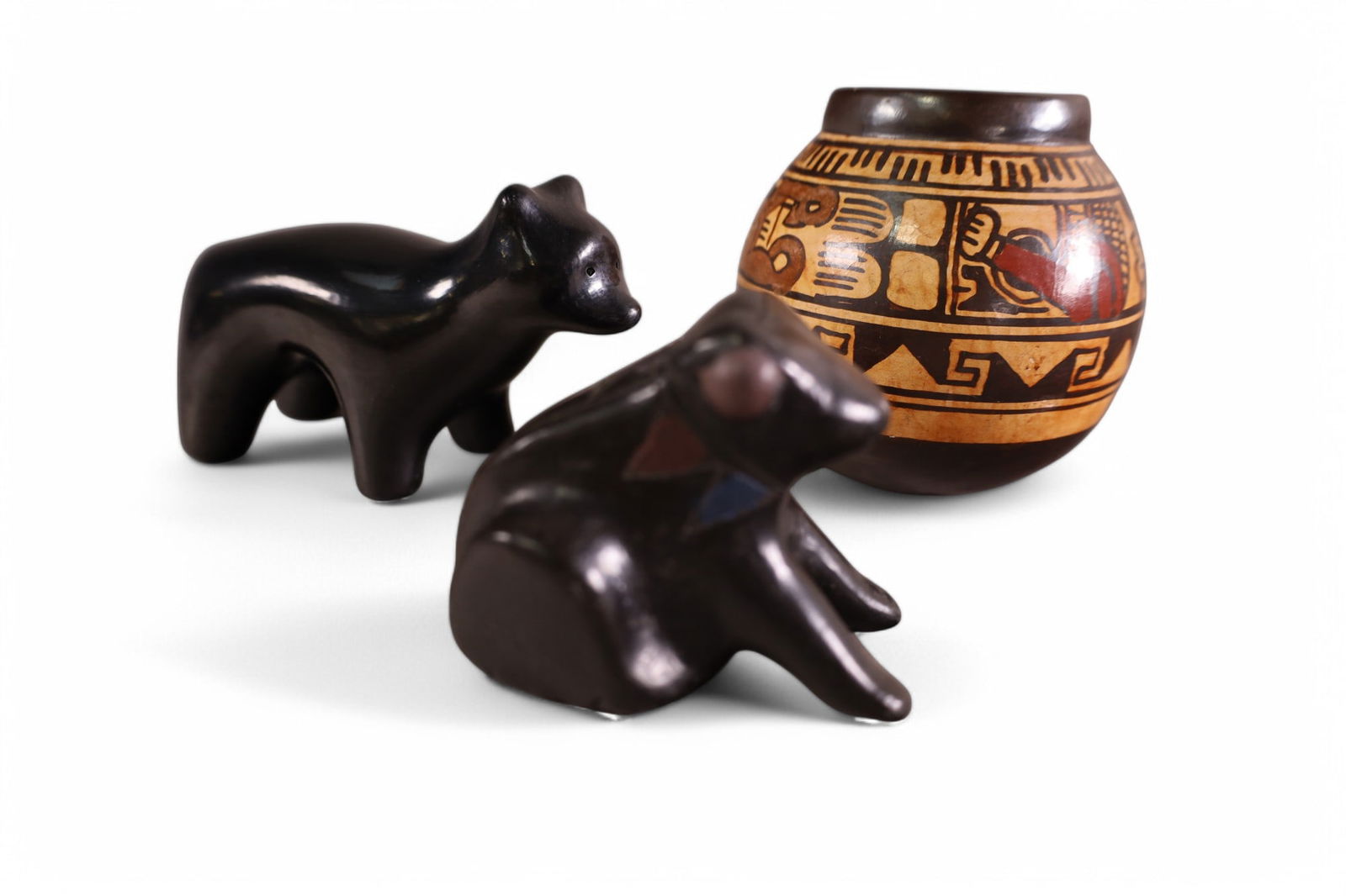 3 PIECES OF NATIVE AMERICAN POTTERY: 2 ANIMALS & VASE. BEAR MARKED ADAM. 3" - 5"