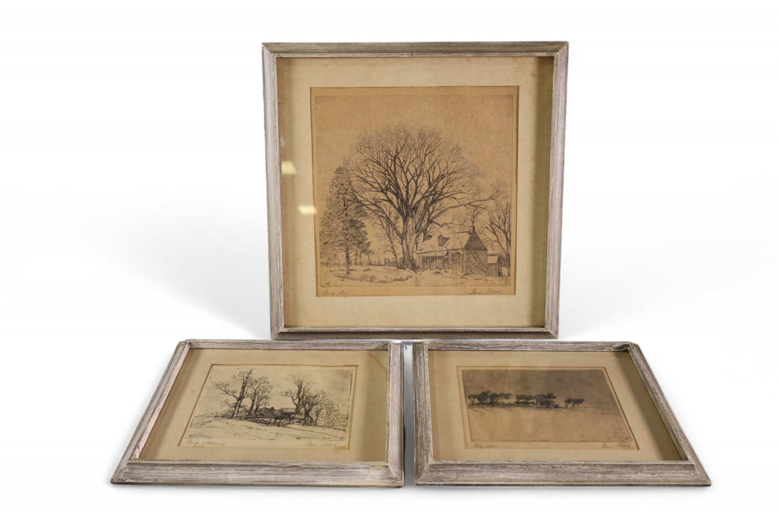 3 ETCHINGS: 3 FRAMED ETCHINGS, SIGNED KOCH. WATER DAMAGE, FOXING. 16" x 16" LARGEST. & 12" x 10" SMALLEST.