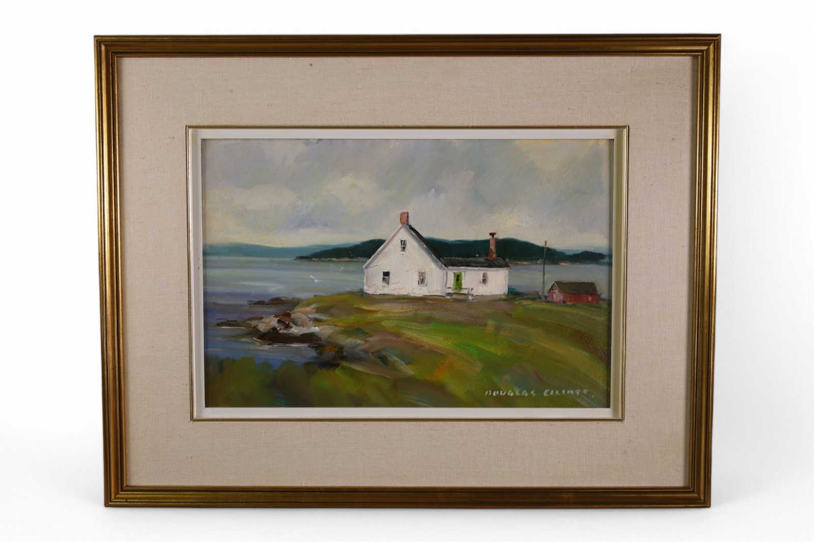 DOUGLAS ELLIOTT OIL PAINTING: OIL ON BOARD, SIGNED DOULGAS ELLIOTT, TITLED MOTIF IN WATER, 12" X 18" IMAGE SIZE / 26" x 20" IN FRAME