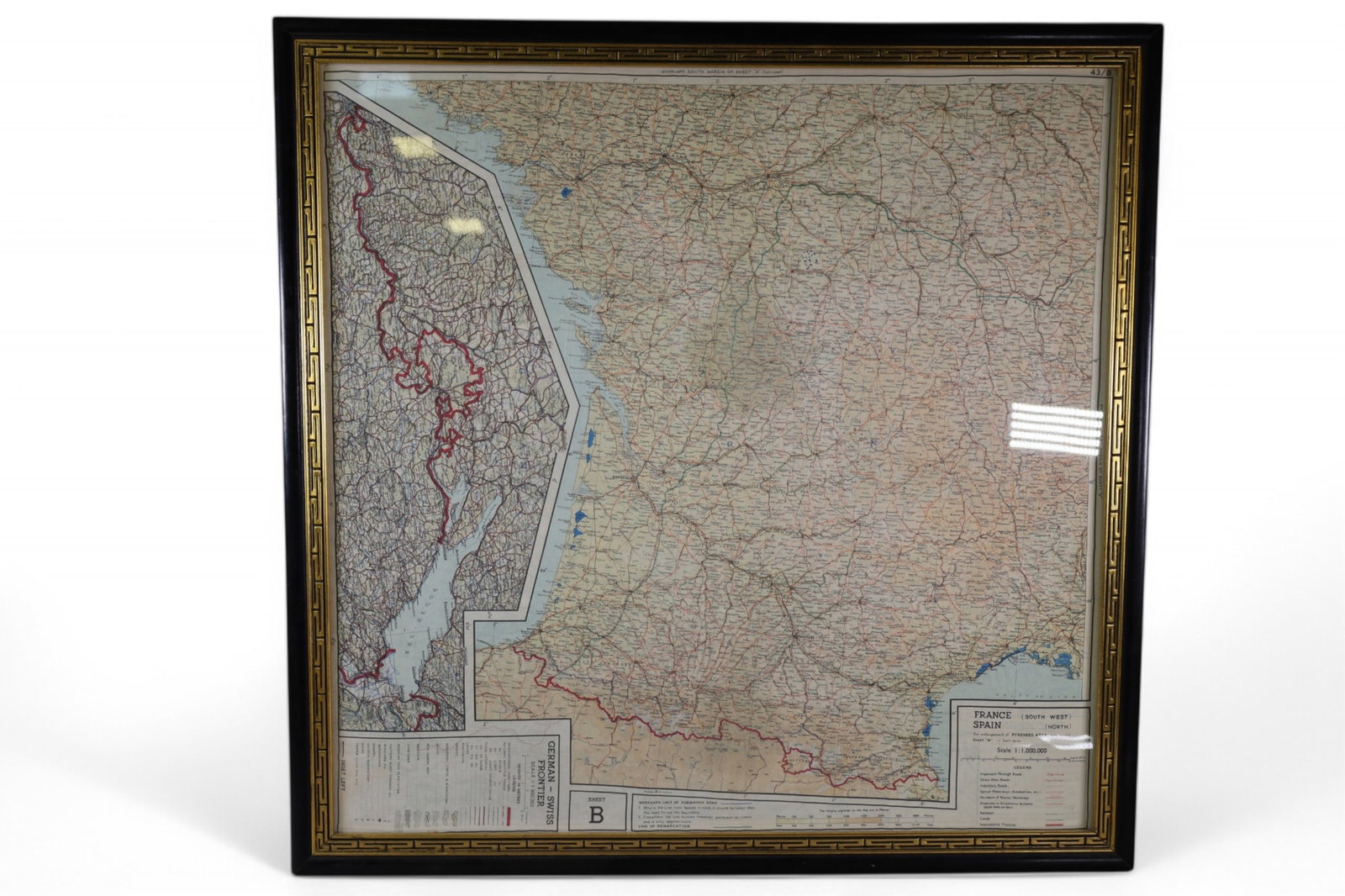 FRAMED GERMAN SWISS FRONTIER MAP: FRAMED MAP UNDER GLASS, GERMAN SWISS FRONTIER, 30" x 30" IN FRAME