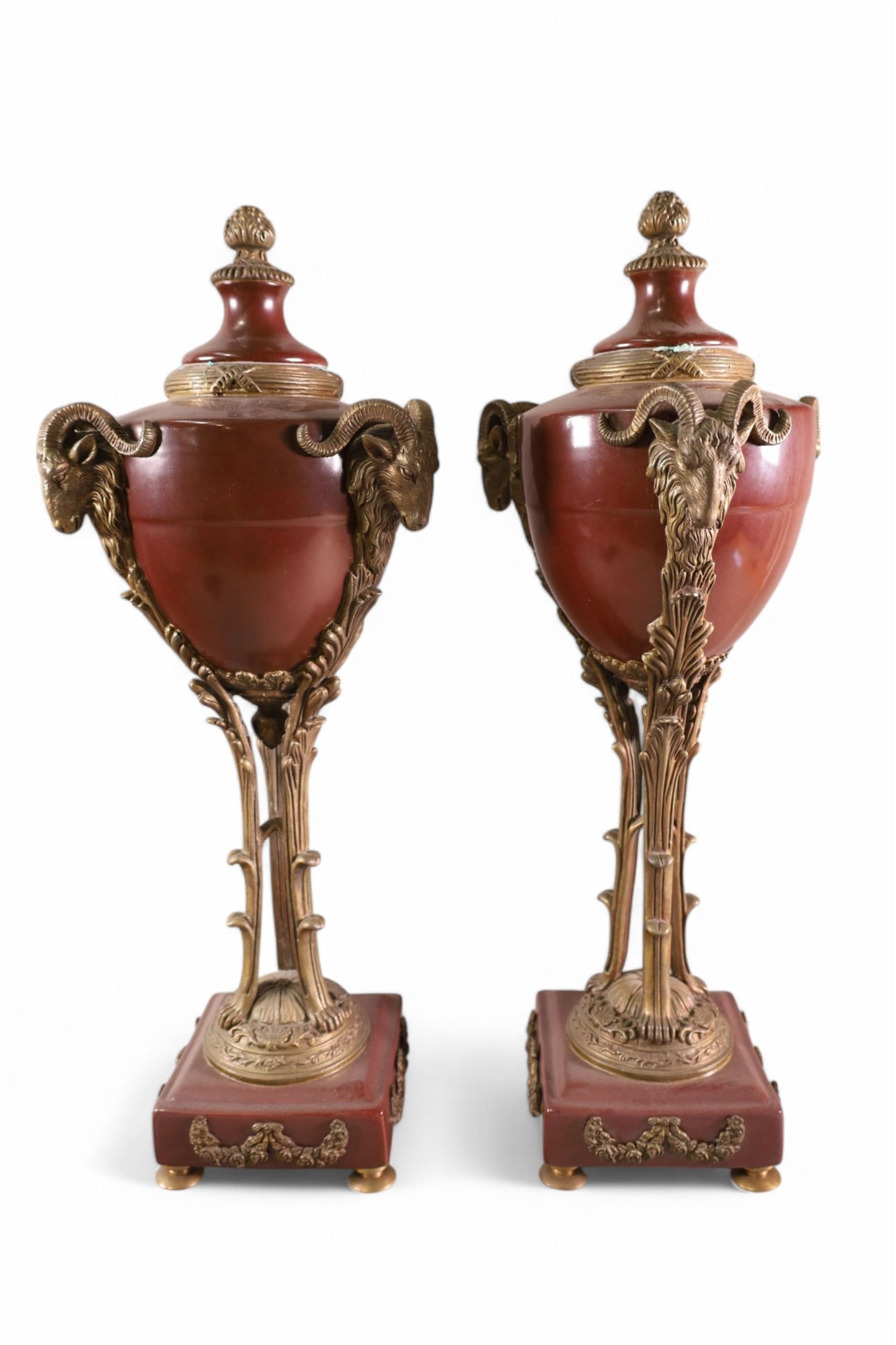 PAIR OF PORCELAIN & BRASS MANTLE URNS (1 of 3)