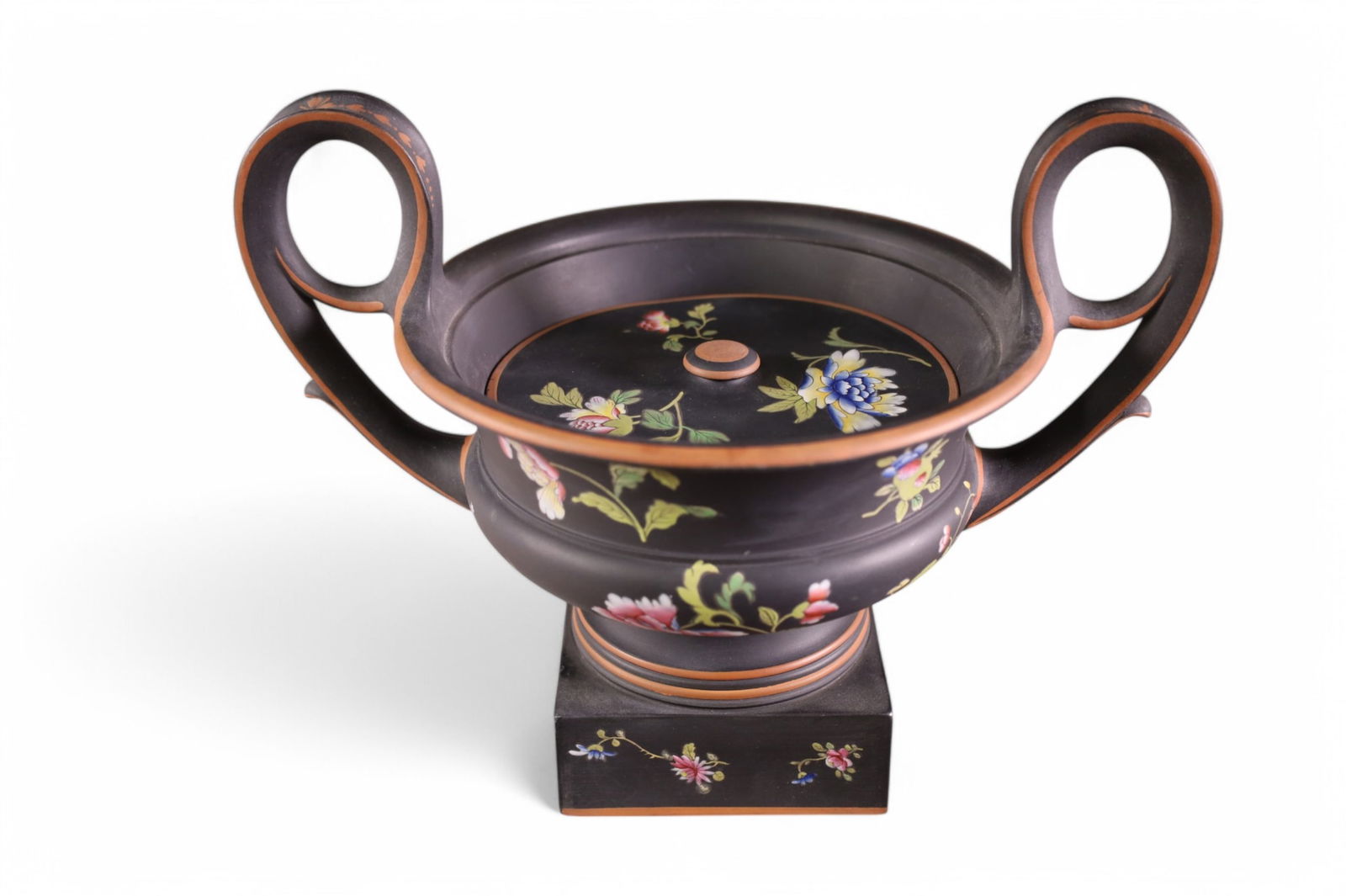 WEDGWOOD CRATER URN & COVER: ENAMELED BLACK BASALT, WEDGWOOD. 11" DIAM x 8" H.