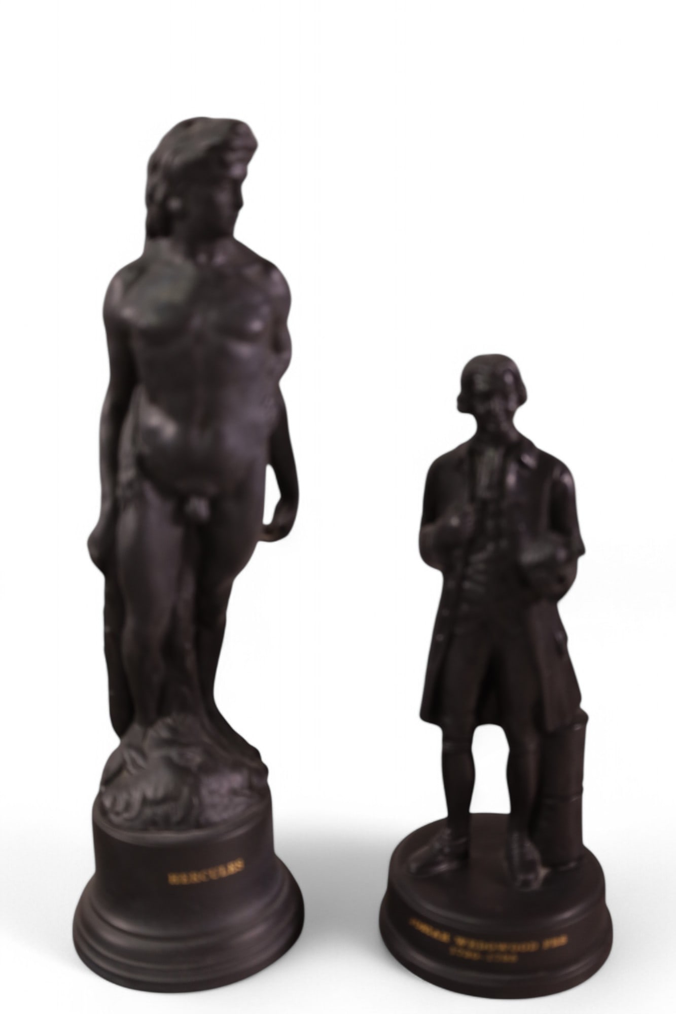 2 WEDGWOOD BASALT FIGURES: WEDGWOOD HERCULES, & JOSIAH BASALT FIGURE, WITH ORIGINAL BOX. 11 1/2" & 8 1/2" H