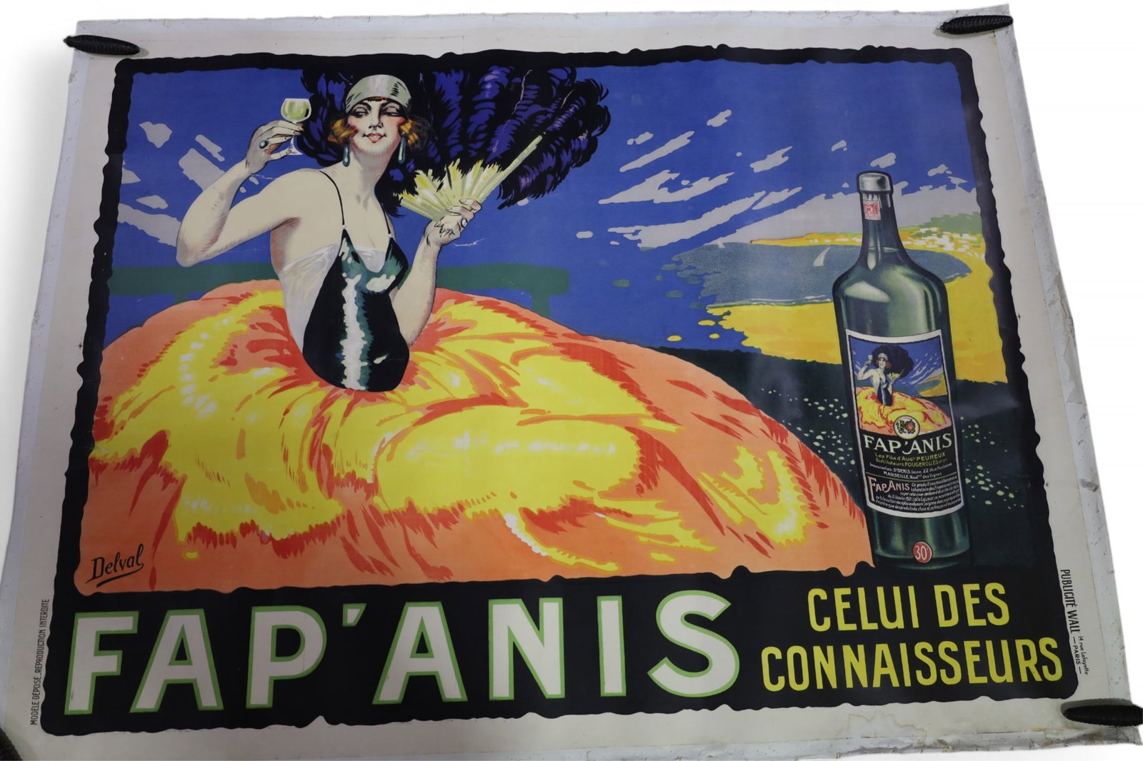 LARGE FRENCH ALCOHOL AD: LITHO ON CANVAS, FRENCH ALCOHOL AD, HAS BEEN ROLLED, EDGE WEAR. 65" x 50"