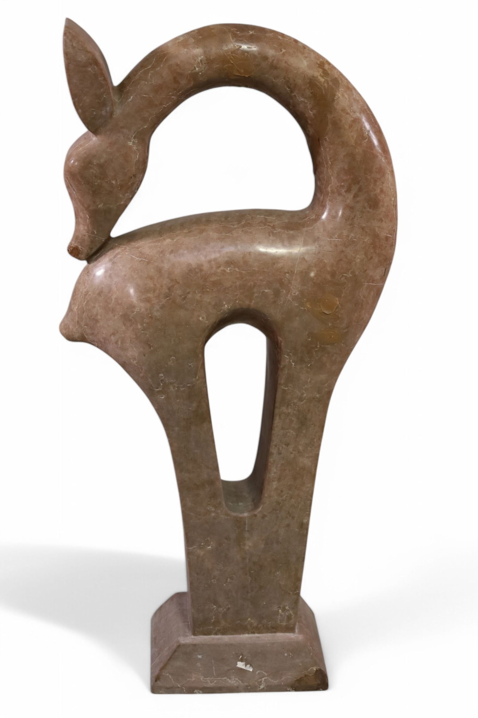 LARGE MARBLE DEER SCULPTURE: LARGE MARBLE SCULPTURE OF ANIMAL, REPAIRS TO NECK. 40" H. THIS ITEM EXCEEDS SIZE LIMITATIONS FOR IN HOUSE SHIPPING, MUST BE PICKED UP IN HOUSE OR SHIPPED VIA A 3rD PARTY SHIPPER.