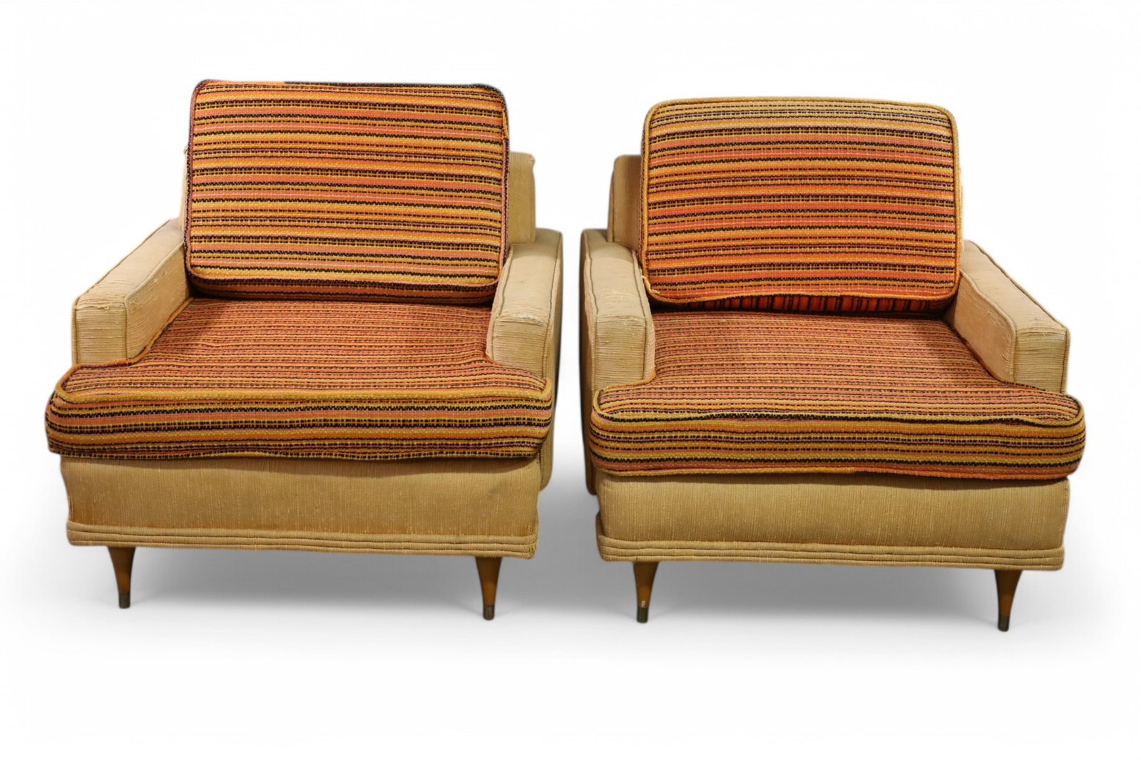 PAIR OF MID CENTURY MODERN LOUNGE CHAIRS: PAIR OF MID CENTURY MODERN LOUNGE CHAIRS, UNMARKED, STRIPED UPHOLSTERY. NEEDS REUPHOLSTERED. TEARS & STAINS. 31" W x 36" D x 30" H. THIS ITEM EXCEEDS SIZE LIMITATIONS FOR IN HOUSE SHIPPING, MUST BE PI