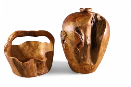 CARVED WOOD VASE & BASKET