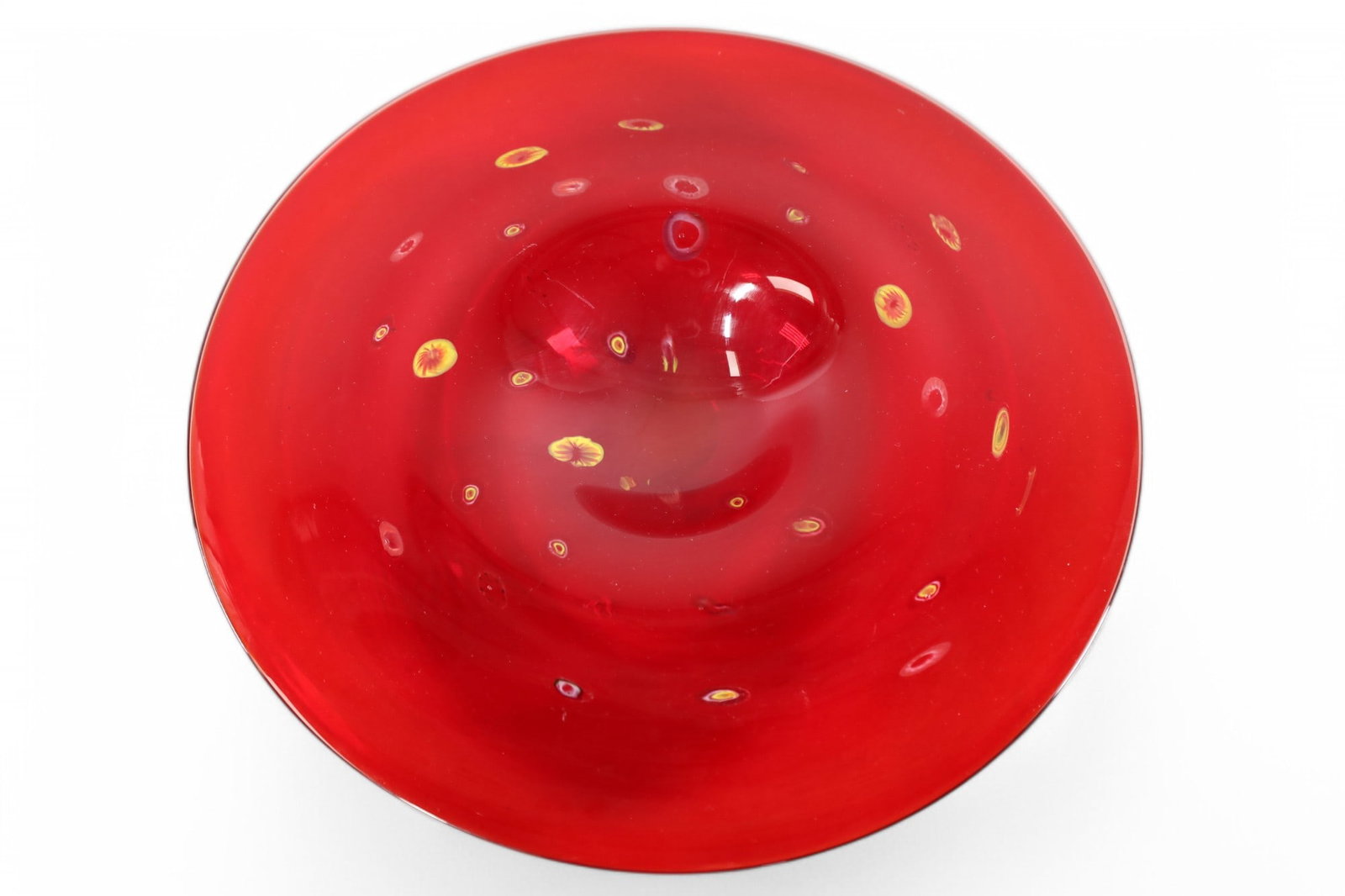ART GLASS CENTER BOWL: RUBY RED ART GLASS CENTER BOWL. 18" DIAM