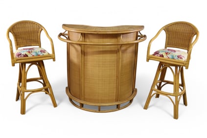 RATTAN BAR & 2 BARSTOOLS