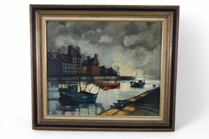 MID CENTURY HARBOR SCENE OIL PAINTING