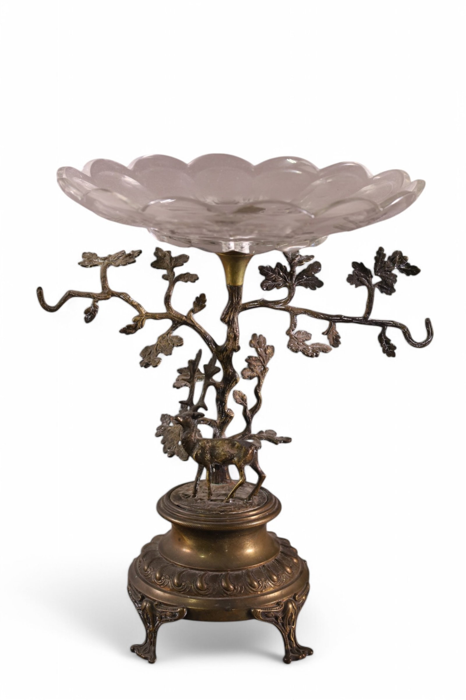 VICTORIAN FOOTED CENTER BOWL: GLASS & SILVERPLATE FOOTED CENTER BOWL WITH LEAF & DEER DECORATED. 13" H.