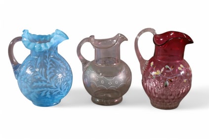 3 VICTORIAN GLASS PITCHERS