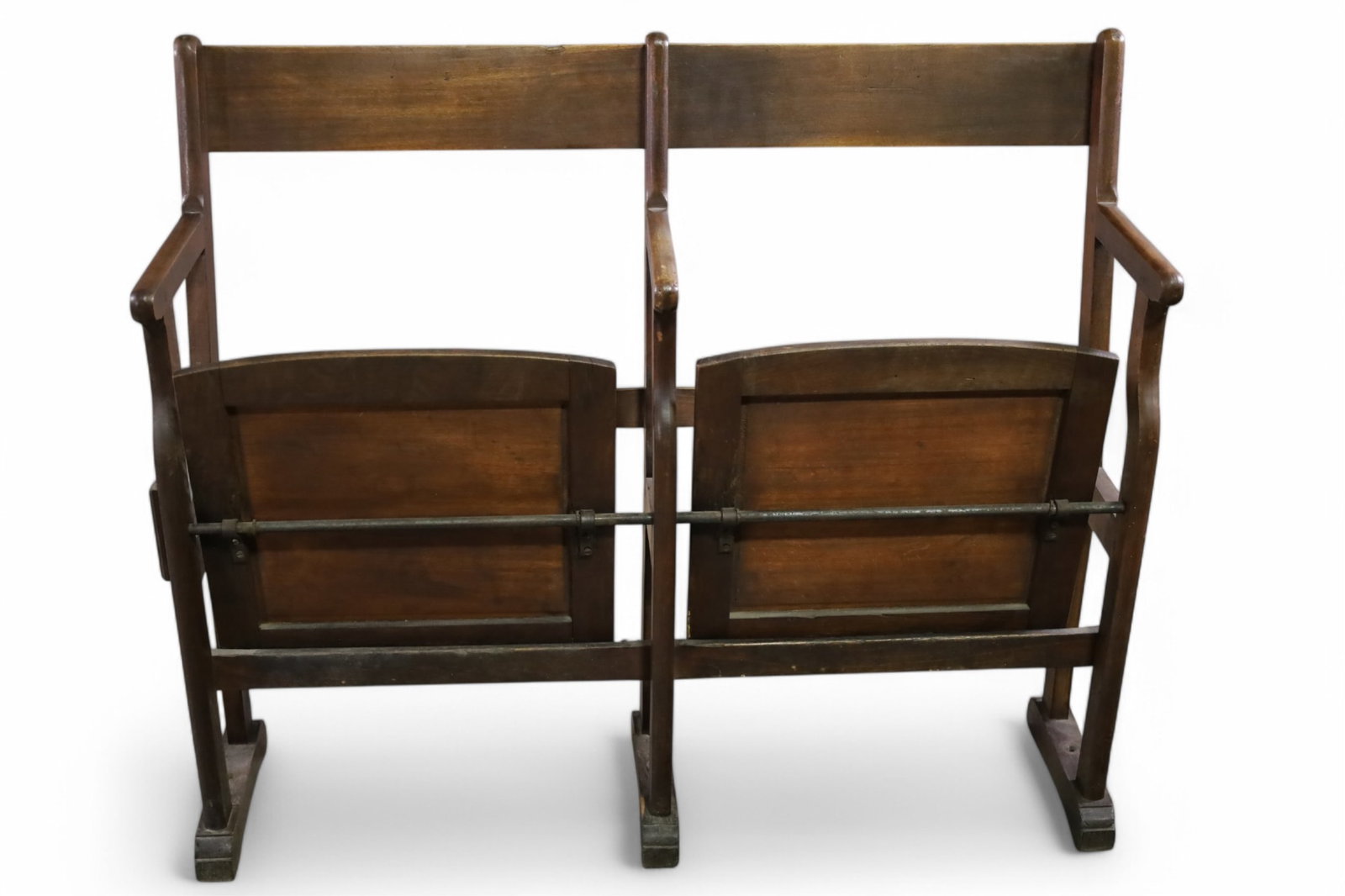 ANTIQUE THEATRE SEATS: ANTIQUE THEATRE SEATS, WEAR TO FINISH. 39" W x 15" D x 33" H. THIS ITEM EXCEEDS SIZE LIMITATIONS FOR IN HOUSE SHIPPING, MUST BE PICKED UP IN HOUSE OR SHIPPED VIA A 3rD PARTY SHIPPER.