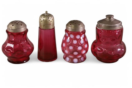4 PIECES OF CRANBERRY GLASS