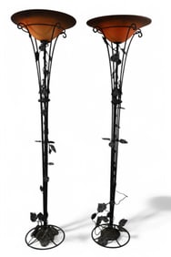 PAIR OF FRENCH IRON & ART GLASS FLOOR LAMPS