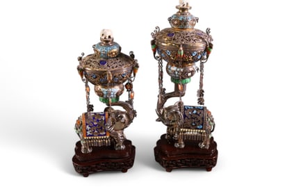 PAIR OF CHINESE SILVER & ENAMEL ELEPHANT SENSORS