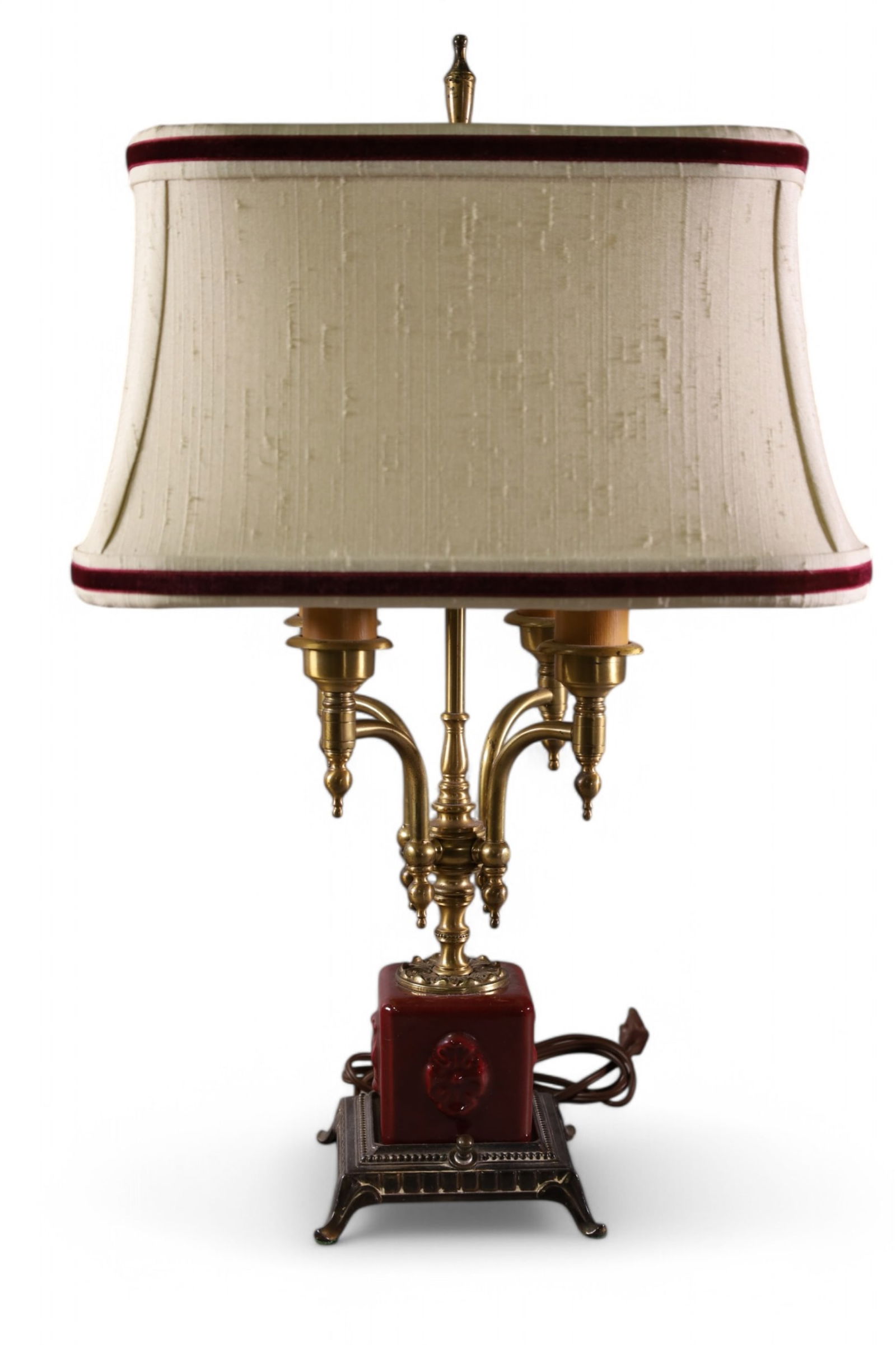 POTTERY BASE TABLE LAMP: FOOTED POTTERY BASE TABLE LAMP, 4 SOCKETS WITH FABRIC SHADE. 22" H.