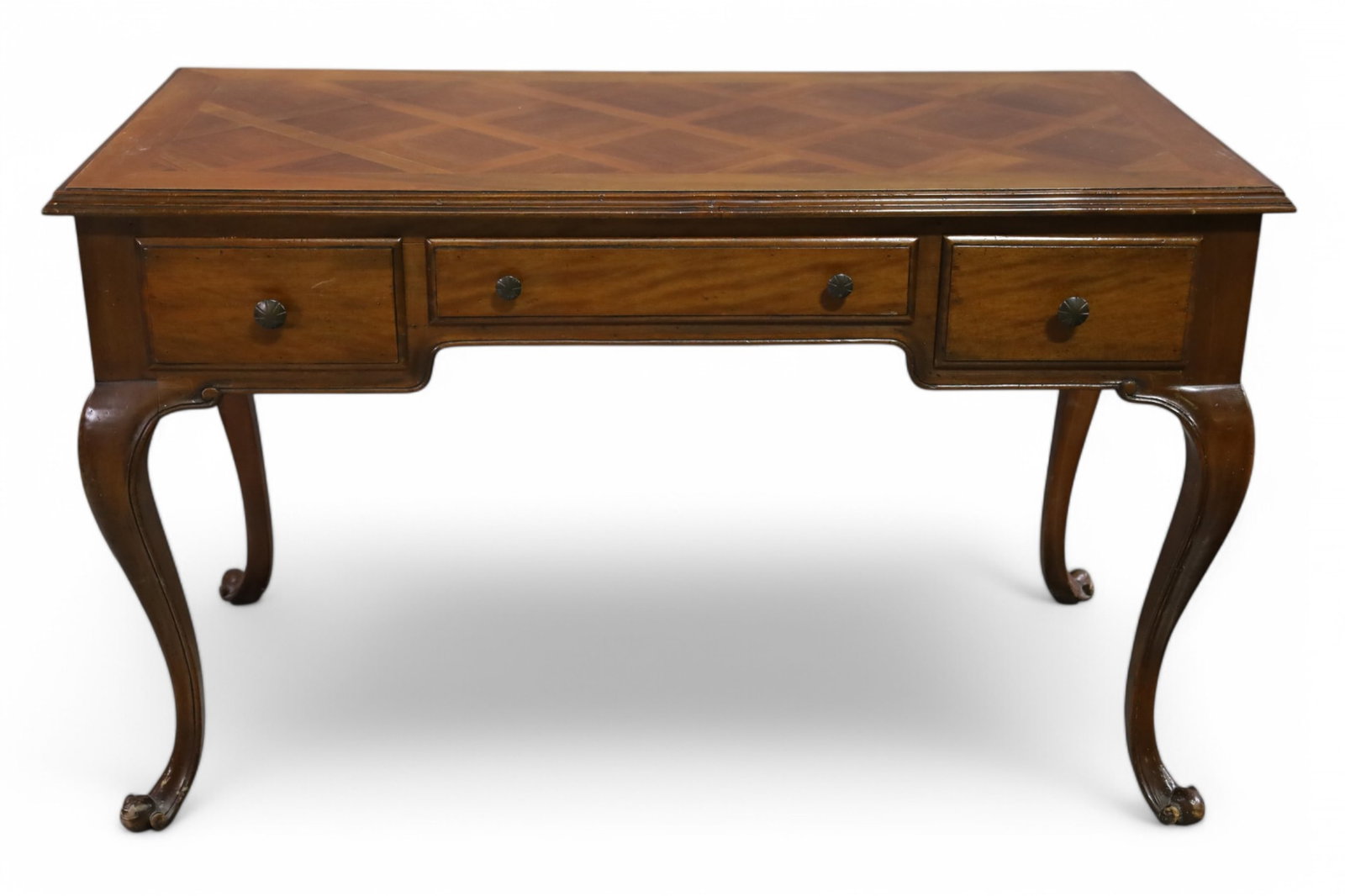 3 DRAWER ITALIAN DESK: INLAID ITALIAN 3 DRAWER DESK, MINOR WEAR TO FINISH. 48" W x 24" D x 29" H. THIS ITEM EXCEEDS SIZE LIMITATIONS FOR IN HOUSE SHIPPING, MUST BE PICKED UP IN HOUSE OR SHIPPED VIA A 3RD PARTY SHIPPER.